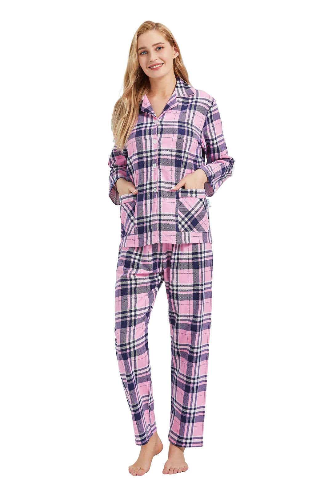 GLOBAL Women’s Flannel Pajama Set 100% Cotton Comfy PJs for Women Long Sleeve Button Front 2-Piece Warm and Cozy Sleepwear