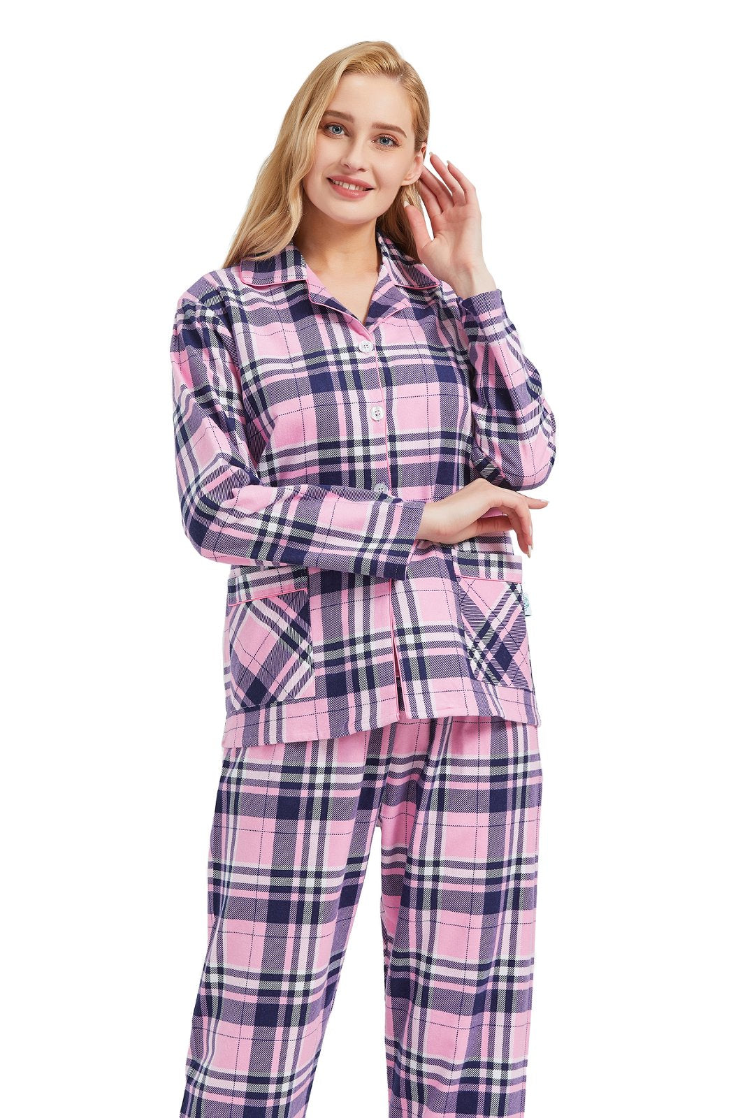 GLOBAL Women’s Flannel Pajama Set 100% Cotton Comfy PJs for Women Long Sleeve Button Front 2-Piece Warm and Cozy Sleepwear