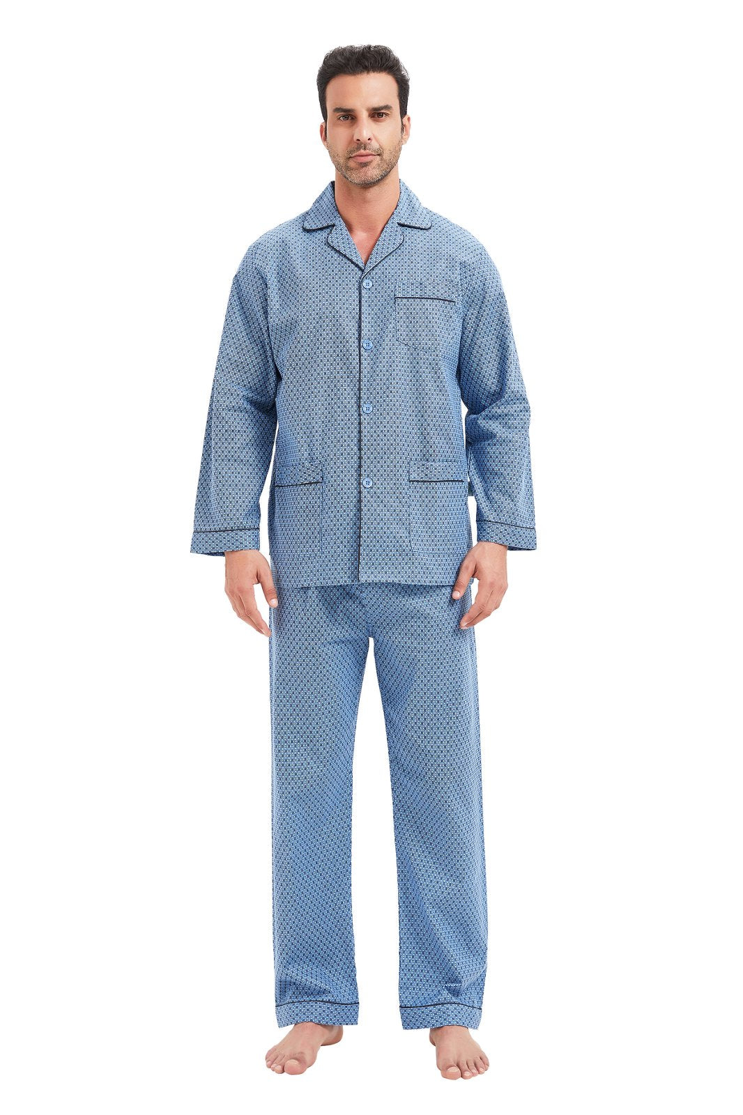 GLOBAL Men's Cotton Flannel Pajama Set, Long Sleeve Button‑Down Top & Long Pants Sleepwear, Soft Warm Loungewear, S-3XL
