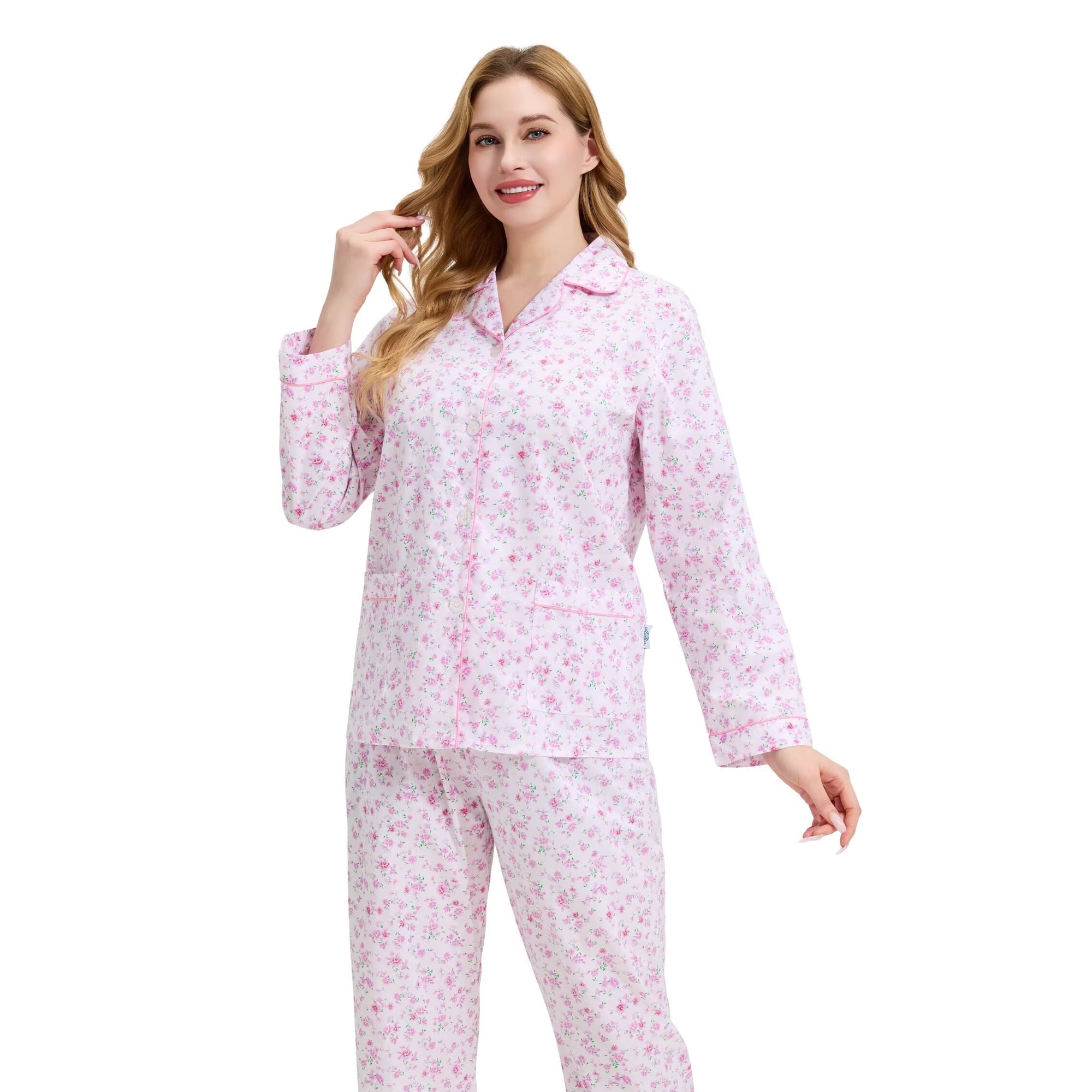GLOBAL Womens 100% Cotton Notch Collar Pajama Set Homewear with Pockets, Spring & Summer, 2-Piece, Sizes S to 3X