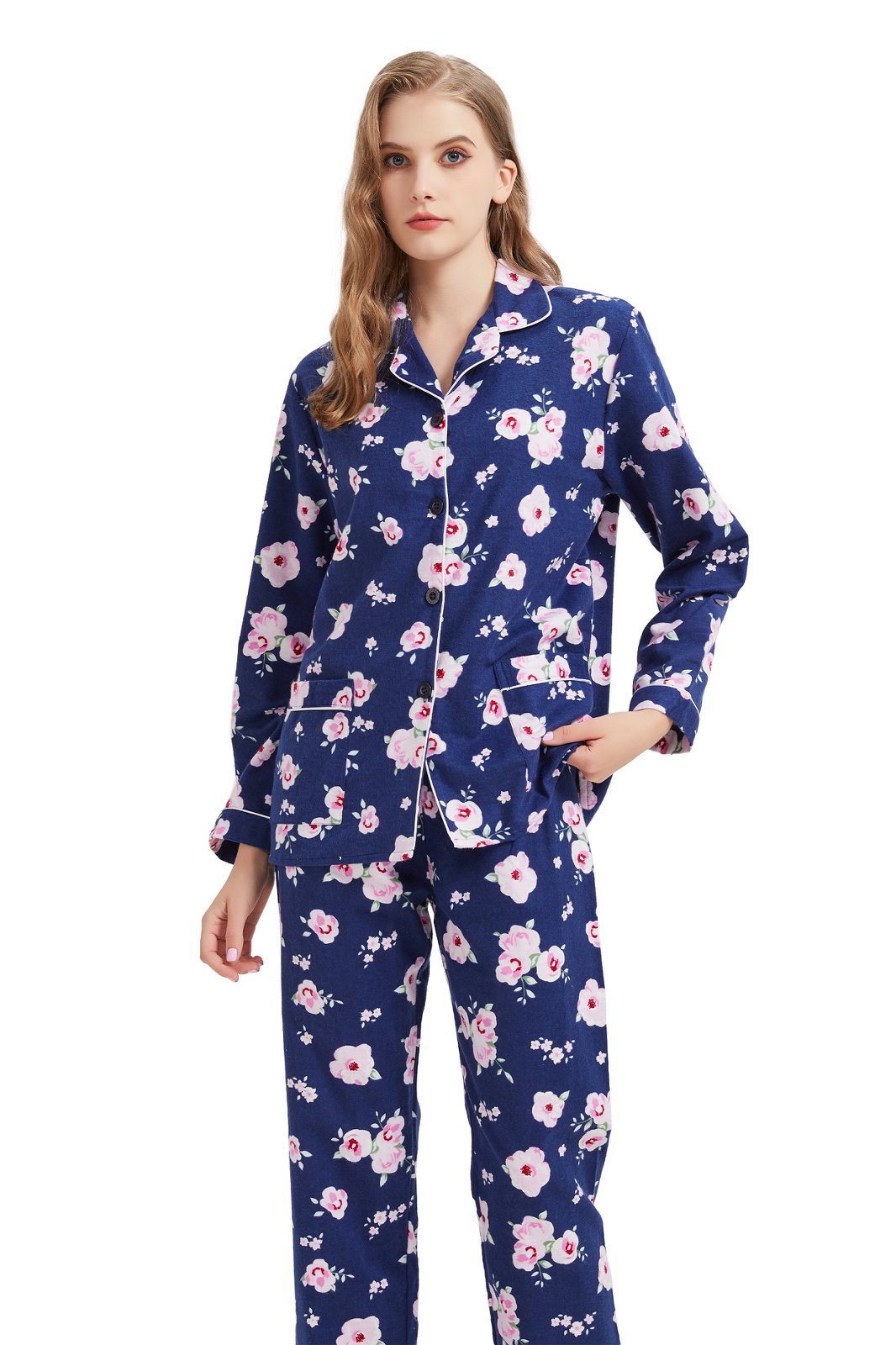 GLOBAL Womens Flannel Cotton Pajama Set Long PJs Flannel Loungewear Sleepwear,Size S-3XL