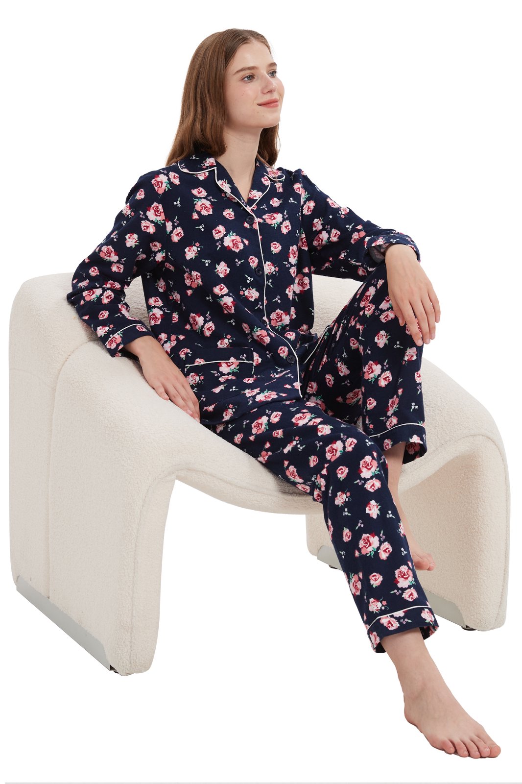 Amaxer Womens 100% Cotton Cozy Flannel Pajama Set - Long Sleeve Button-Up Top with Elastic Waist Pants, Warm & Soft Sleepwear