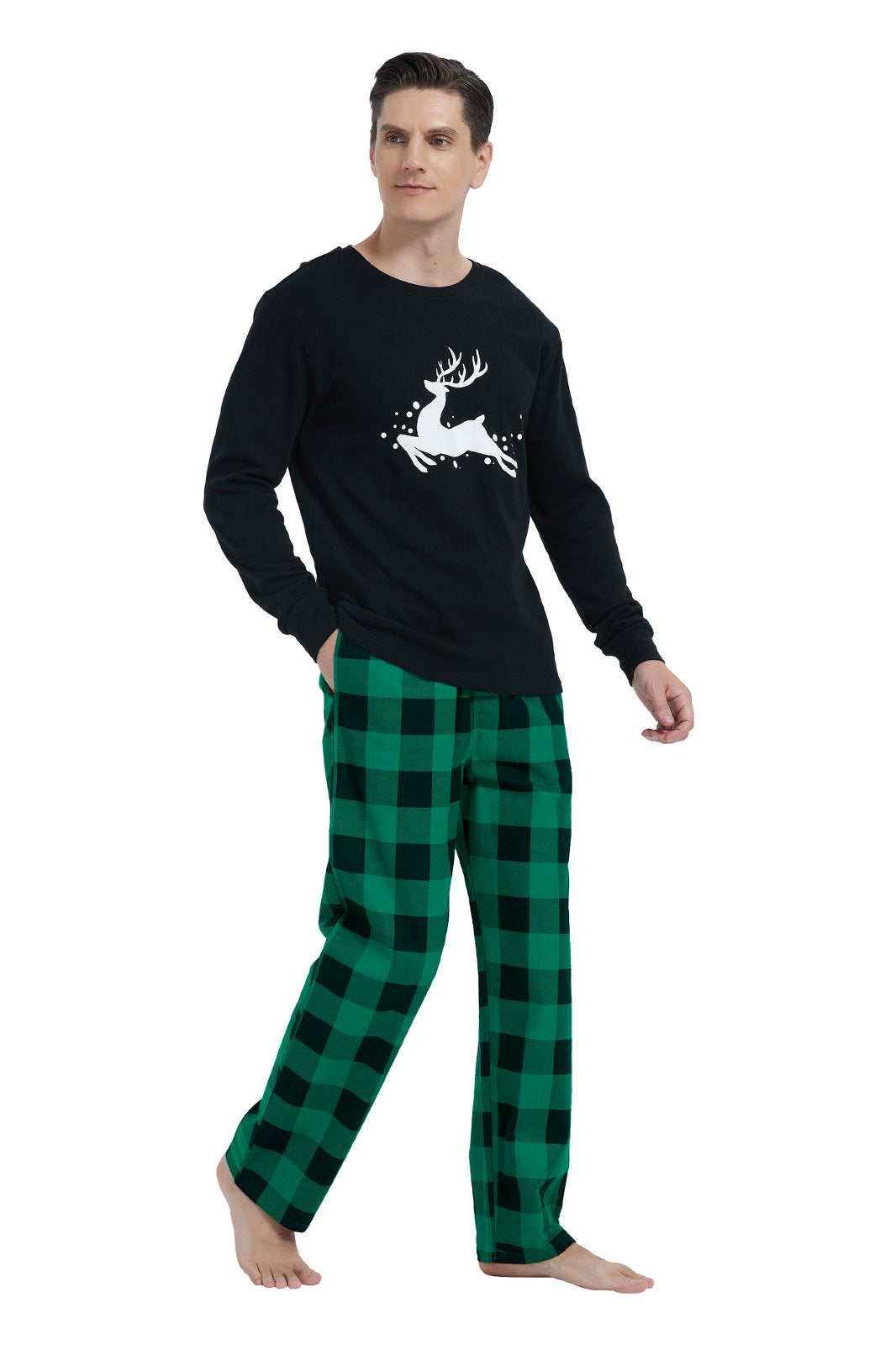 GLOBAL Men's Cotton Knit Top Flannel Pants Sleepwear Matching Pajamas for Couple Pjs for Family, Size S-3XL