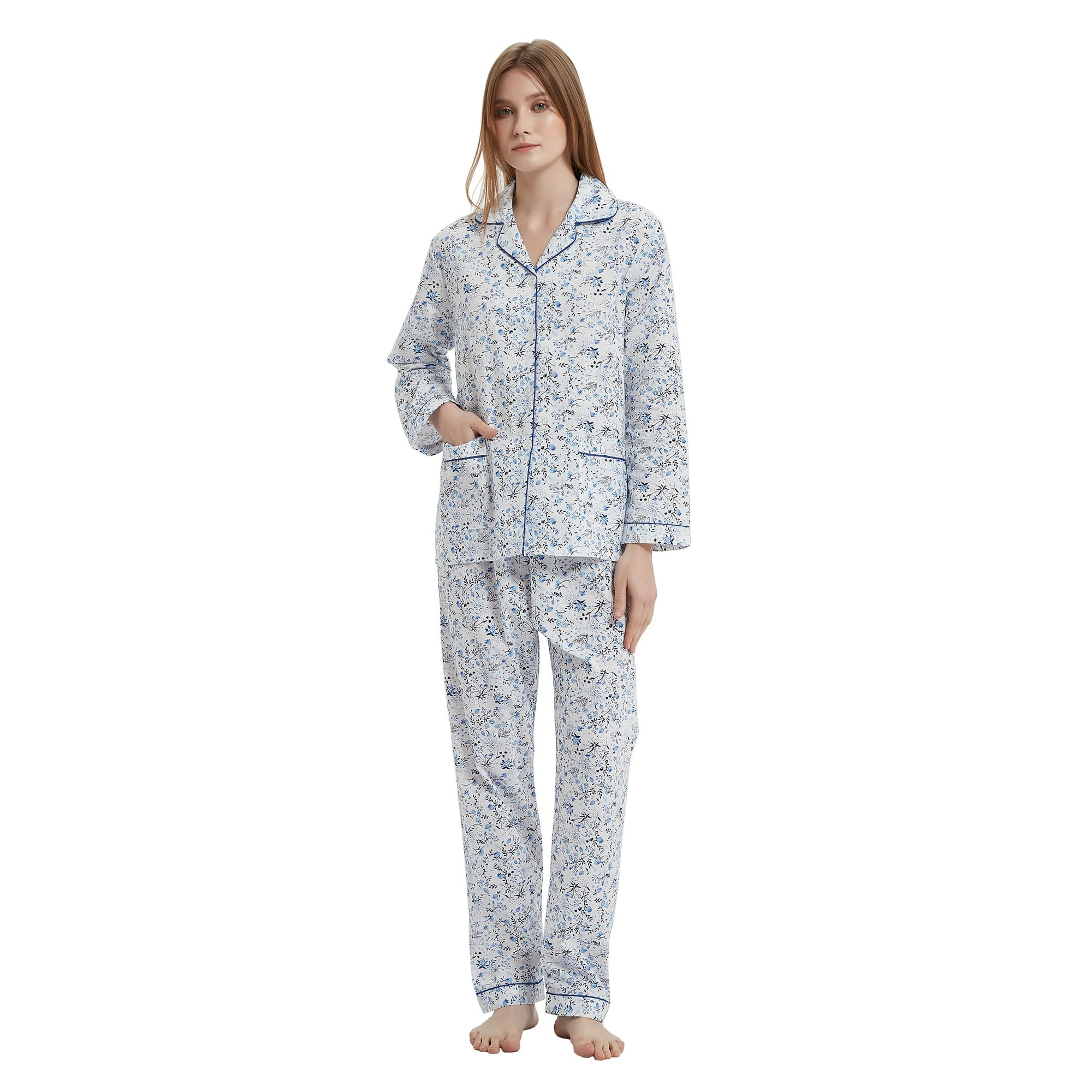 GLOBAL Womens 100% Cotton Notch Collar Pajama Set Homewear with Pockets, Spring & Summer, 2-Piece, Sizes S to 3X