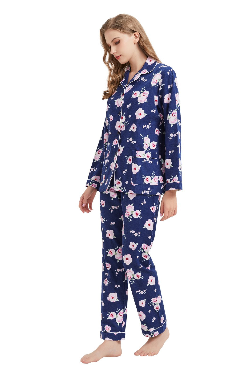 GLOBAL Womens Flannel Cotton Pajama Set Long PJs Flannel Loungewear Sleepwear,Size S-3XL