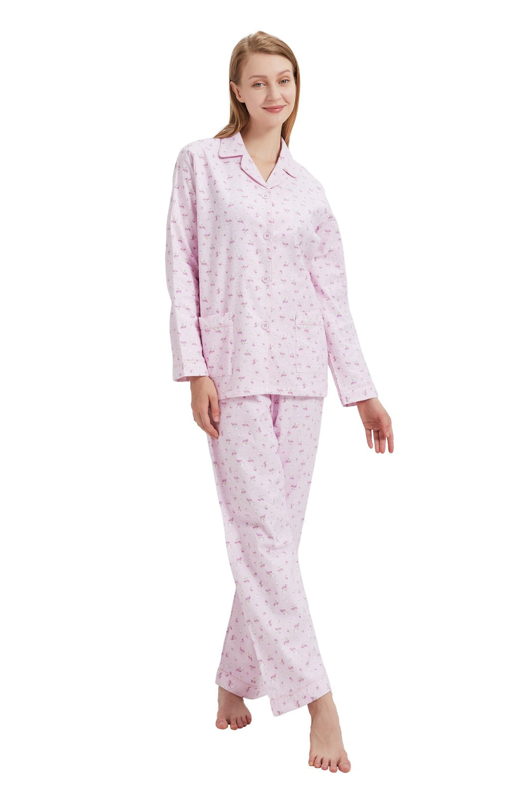 GLOBAL Womens Cotton Flannel Pajama Set - Cozy Winter 2-Piece Loungewear with Button-Down Top & Pants