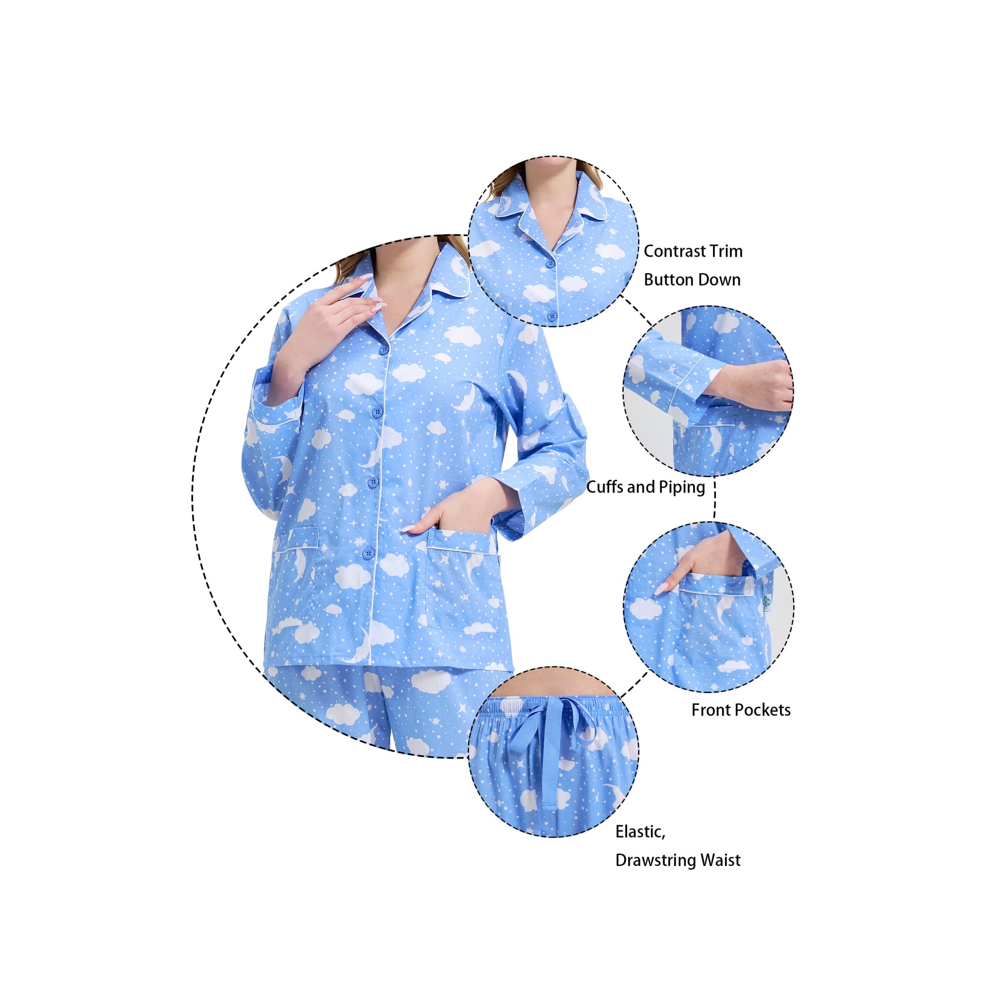 GLOBAL Womens 100% Cotton Notch Collar Pajama Set Homewear with Pockets, Spring & Summer, 2-Piece, Sizes S to 3X