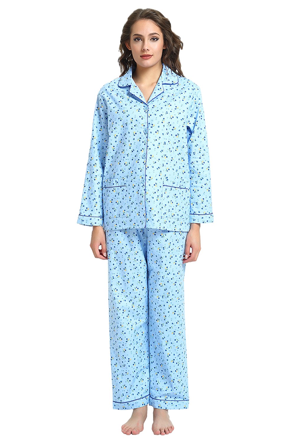 GLOBAL Women's 100% Cotton Flannel Pajama Set - Cozy Winter 2-Piece Loungewear with Button-Down Top & Pants