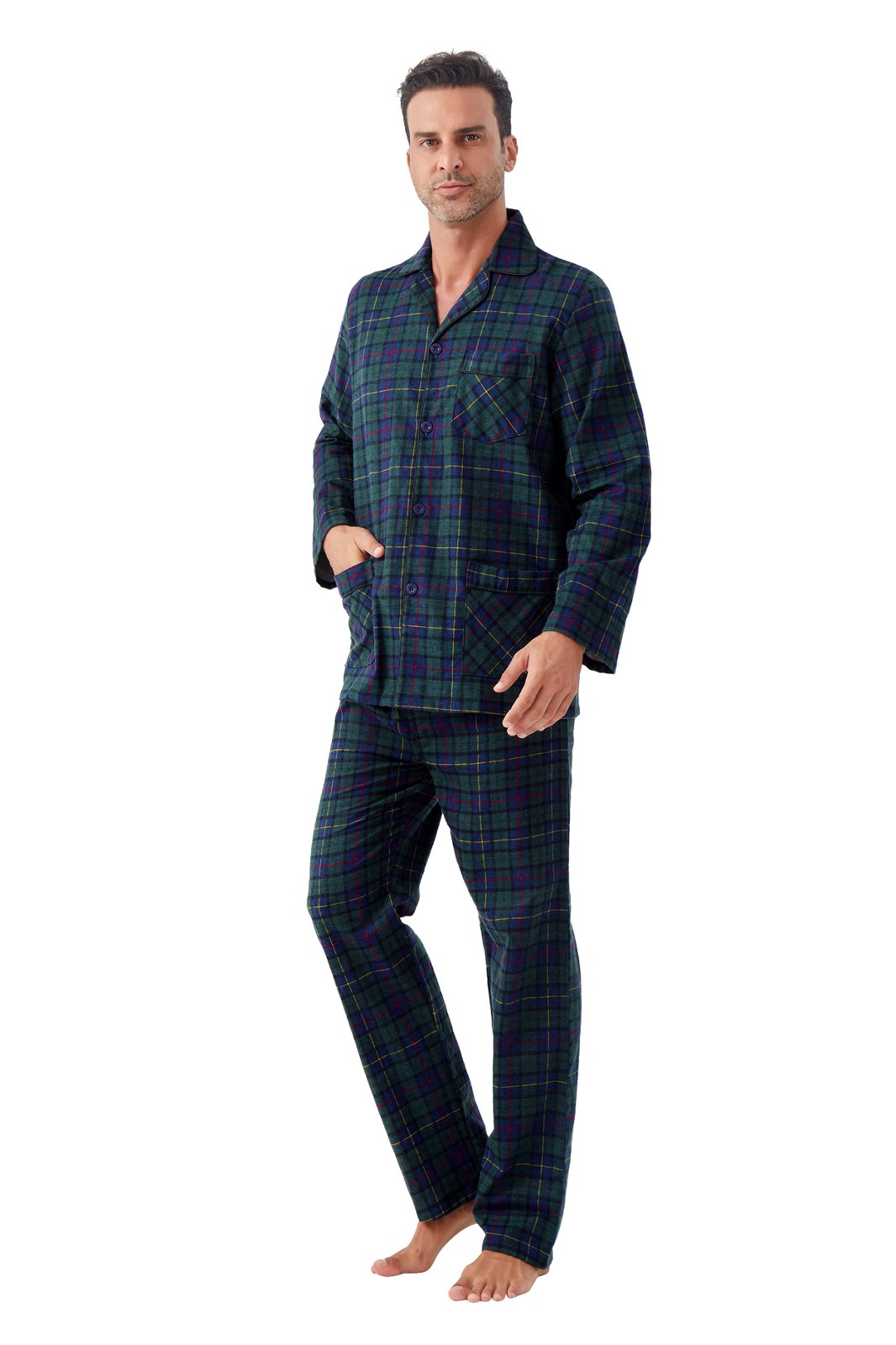 GLOBAL Men's Cotton Flannel Pajama Set, Long Sleeve Button‑Down Top & Long Pants Sleepwear, Soft Warm Loungewear, S-3XL