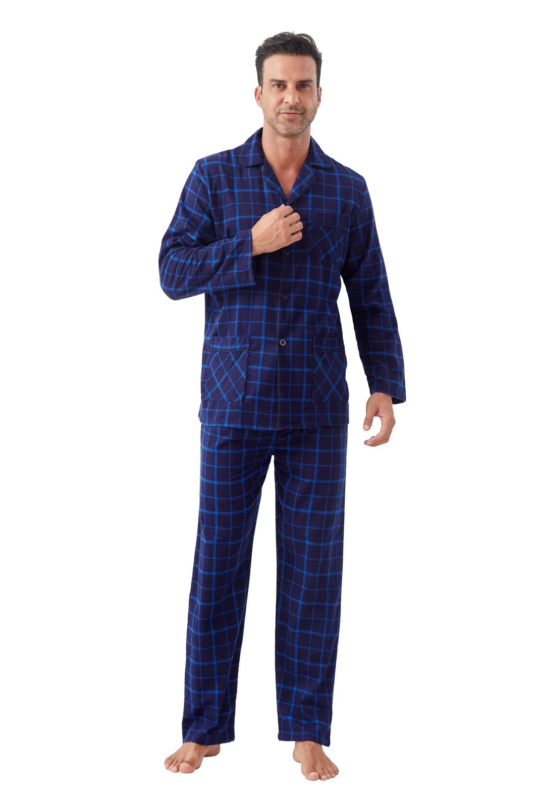 GLOBAL Men's Cotton Flannel Pajama Set, Long Sleeve Button‑Down Top & Long Pants Sleepwear, Soft Warm Loungewear, S-3XL