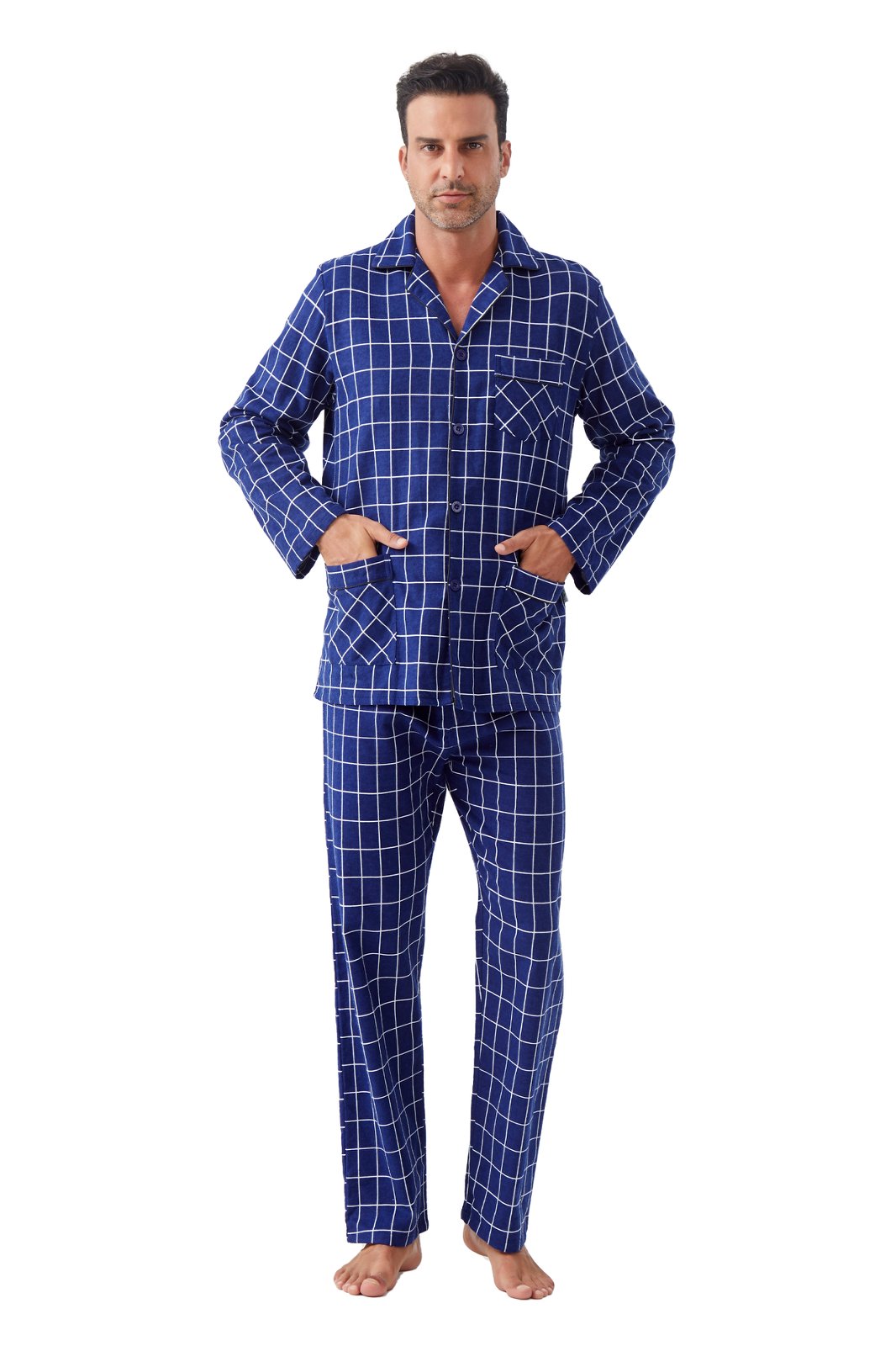 GLOBAL Men's Cotton Flannel Pajama Set, Long Sleeve Button‑Down Top & Long Pants Sleepwear, Soft Warm Loungewear, S-3XL
