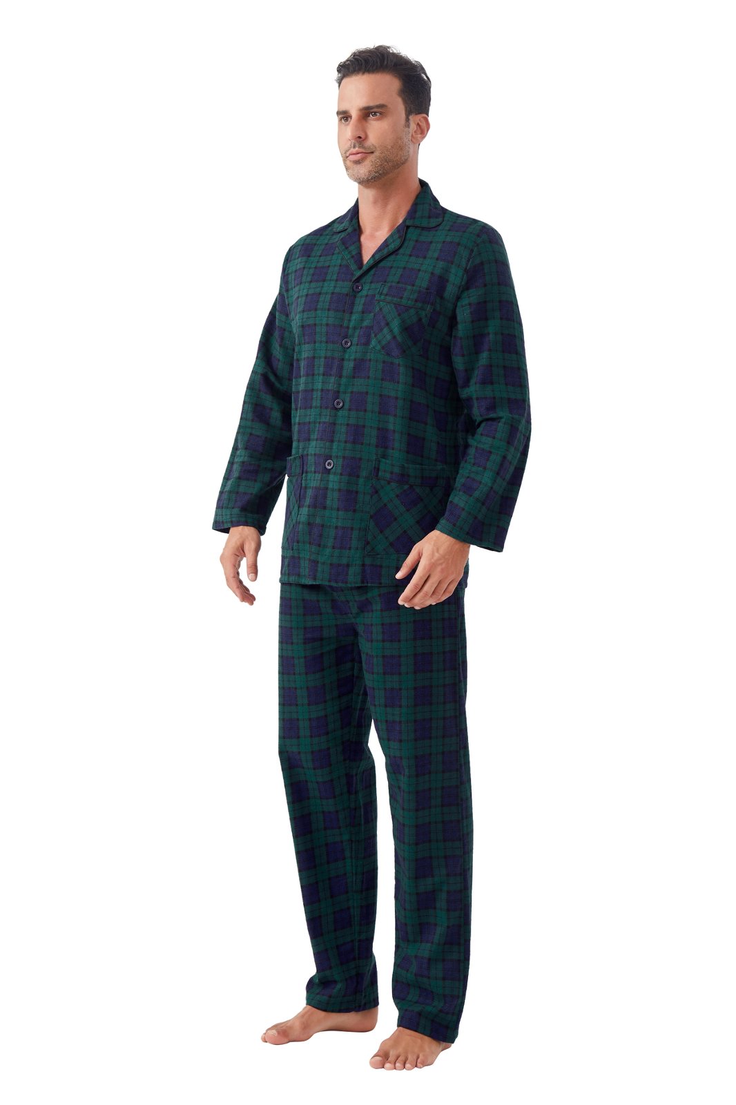 GLOBAL Men's Cotton Flannel Pajama Set, Long Sleeve Button‑Down Top & Long Pants Sleepwear, Soft Warm Loungewear, S-3XL