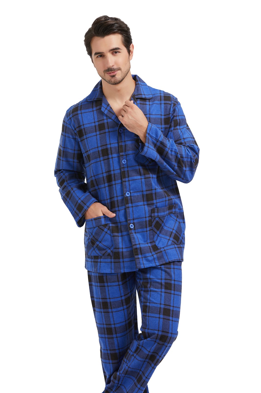 Amaxer Mens Cotton Flannel Pajama Set, Long Sleeve Button‑Down Top & Elastic Waist Long Pants, Breathable Sleep Loungewear, Size XXL
