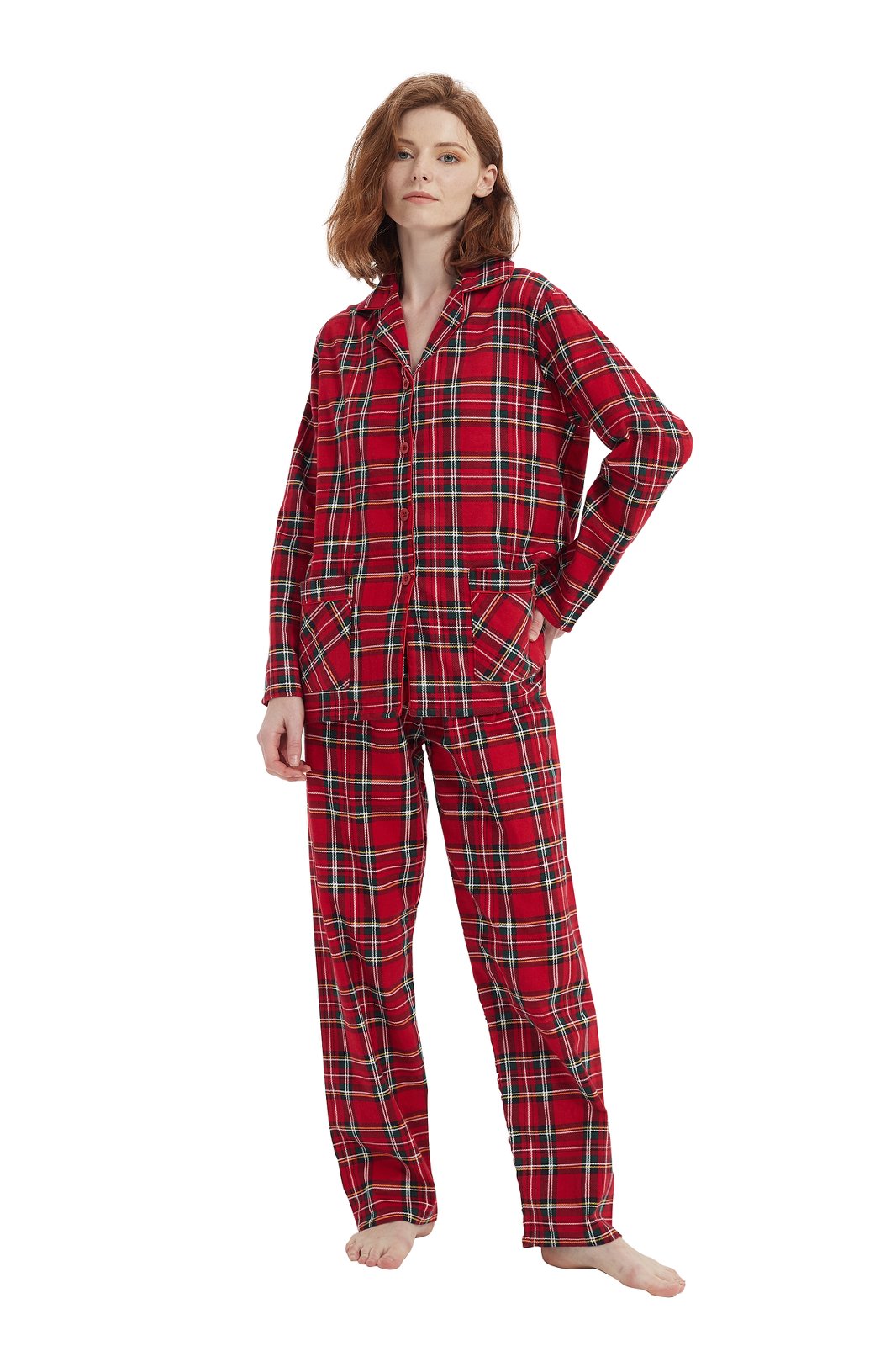 Amaxer Womens Cotton Cozy Flannel Pajama Set - Long Sleeve Button-Up Top with Elastic Waist Pants, Warm & Soft Sleepwear
