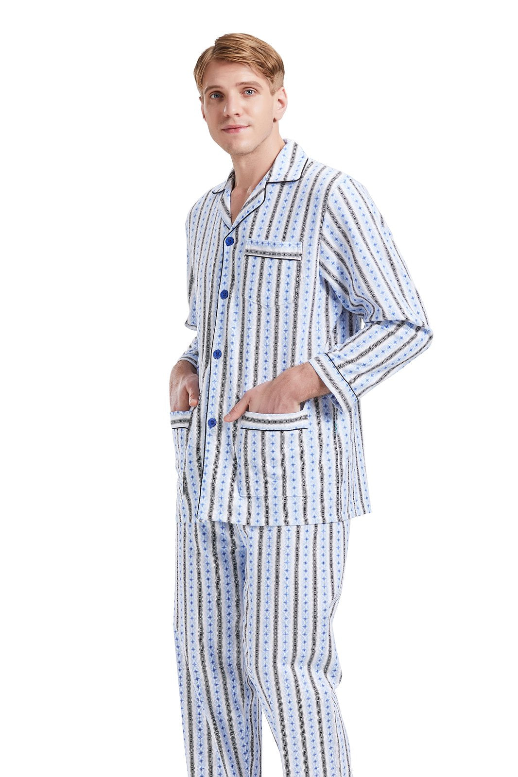 GLOBAL Men's Pajamas Sets 100% Cotton Flannel Sleepwear Long-Sleeve Top & Bottom