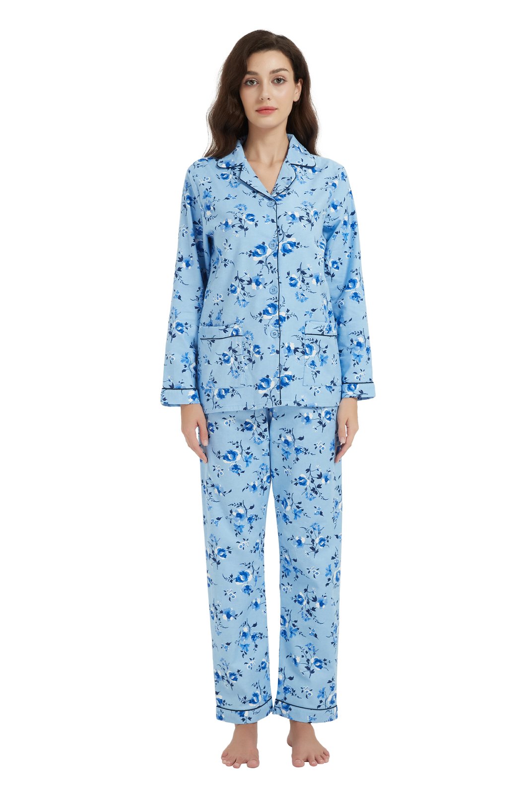 GLOBAL Womens Flannel Cotton Pajama Set Long PJs Flannel Loungewear Sleepwear