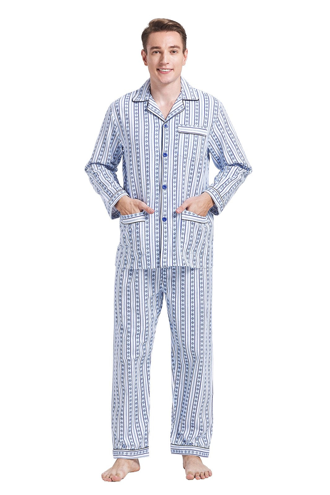 GLOBAL Men's Cotton Flannel Pajama Set, Long Sleeve Button‑Down Top & Long Pants Sleepwear, Soft Warm Loungewear, S-3XL