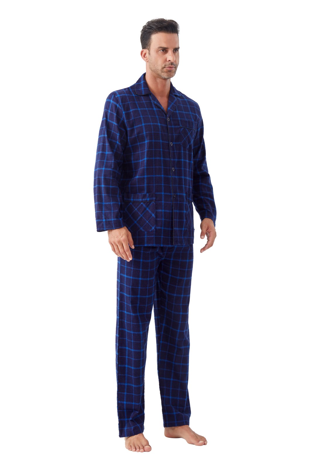 GLOBAL Men's Cotton Flannel Pajama Set, Long Sleeve Button‑Down Top & Long Pants Sleepwear, Soft Warm Loungewear, S-3XL
