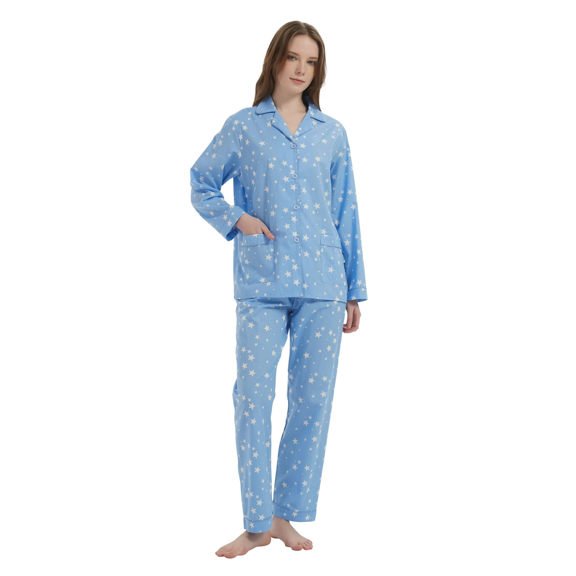 GLOBAL 100% Cotton Pajamas for Women Notch Collar Pjs Cozy Button Down Homewear with Pockets, Spring & Summer, 2-Piece, Sizes S to 3X