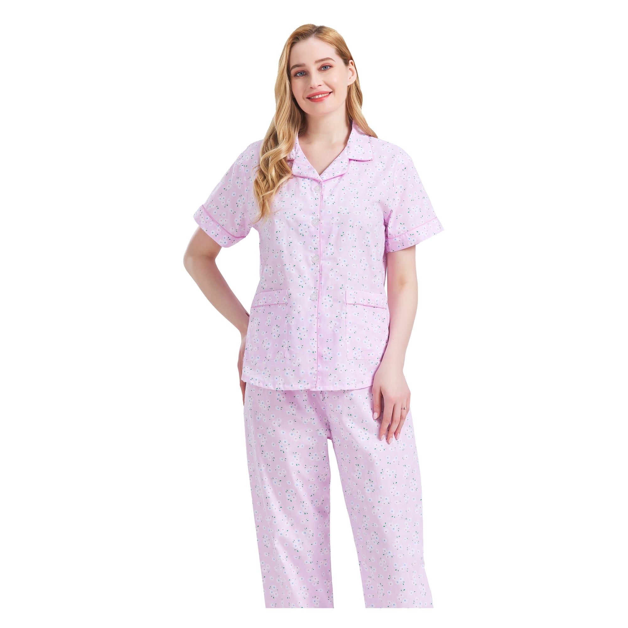 GLOBAL Women 100% Cotton Button Down Short Sleeve Top & Long Pants Summer Pajama Set with Pockets, 2-Piece, Sizes S to 3XL