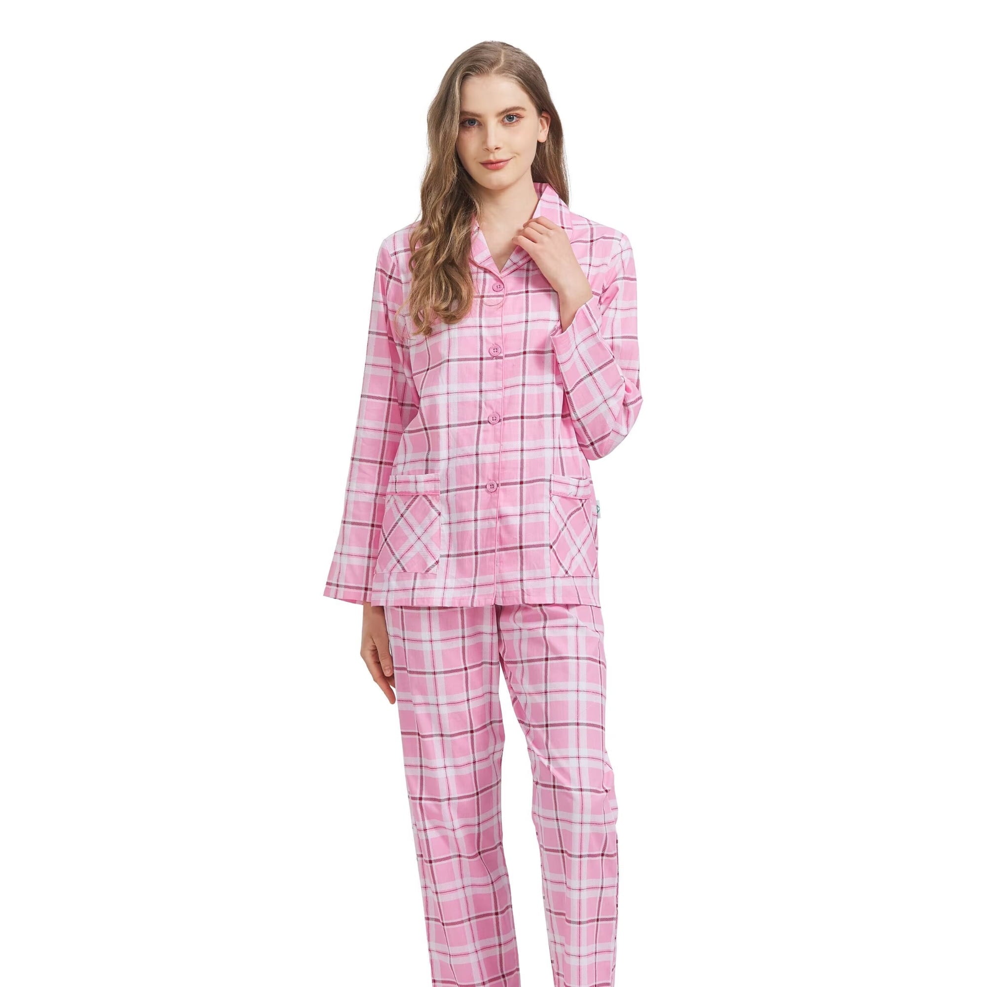 GLOBAL 100% Cotton Pajamas for Women Notch Collar Pjs Cozy Button Down Homewear with Pockets, Spring & Summer, 2-Piece, Sizes S to 3X