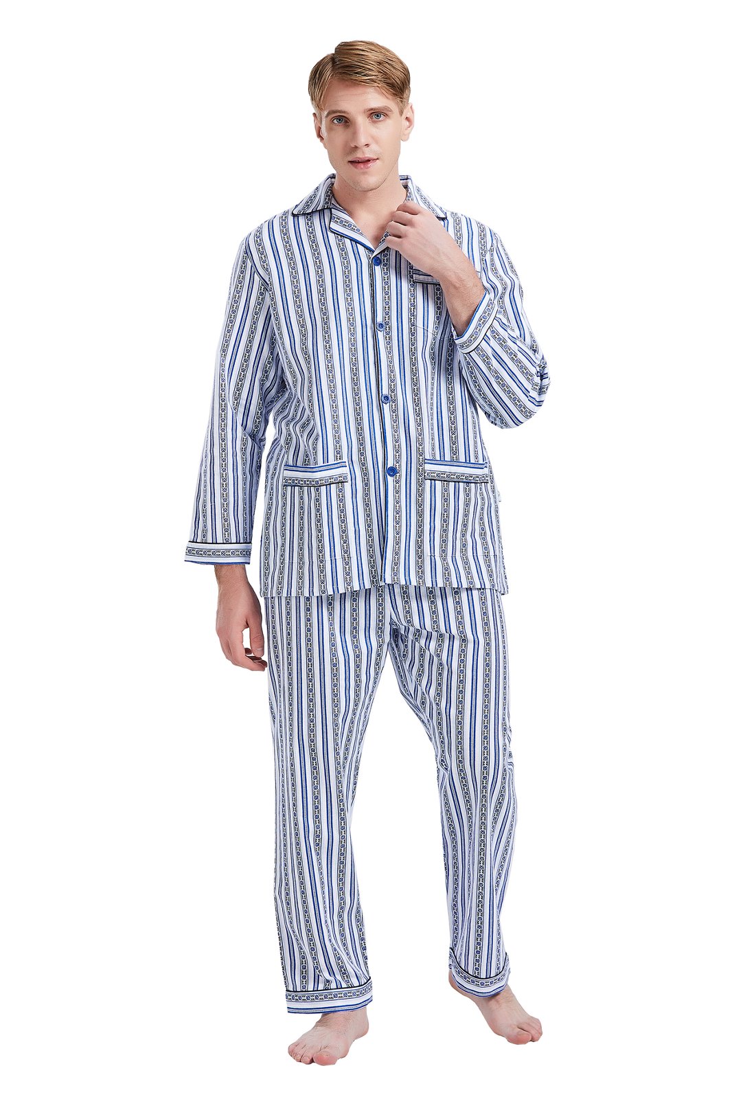 GLOBAL Mens Pajamas Sets Cotton Flannel Sleepwear Long-Sleeve Top & Bottom, S-XXL