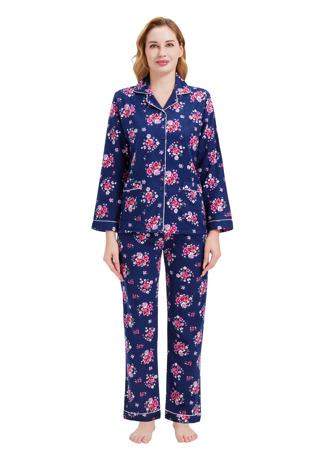 GLOBAL Women’s Flannel Pajama Set 100% Cotton Comfy PJs for Women Long Sleeve Button Front 2-Piece Warm and Cozy Sleepwear,Size S-3XL
