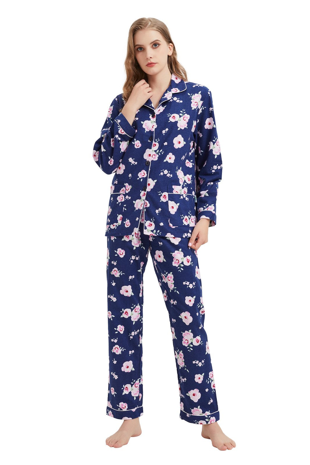 GLOBAL Womens Flannel Cotton Pajama Set Long PJs Flannel Loungewear Sleepwear,Size S-3XL