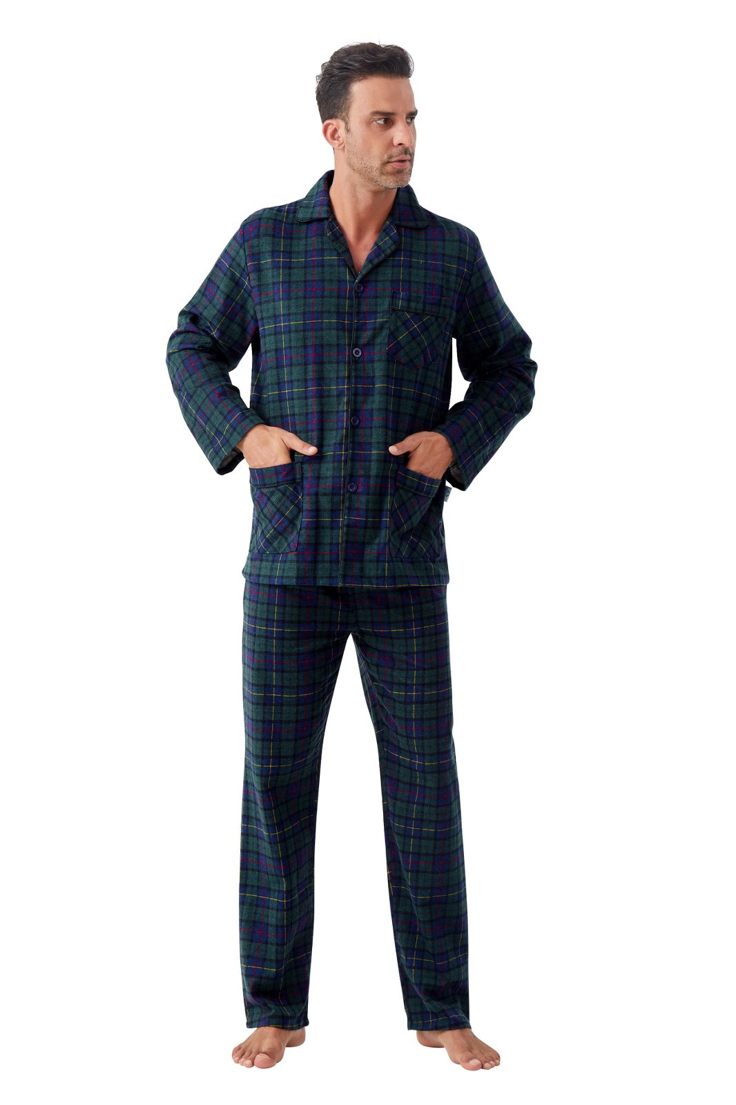GLOBAL Men's Cotton Flannel Pajama Set, Long Sleeve Button‑Down Top & Long Pants Sleepwear, Soft Warm Loungewear, S-3XL