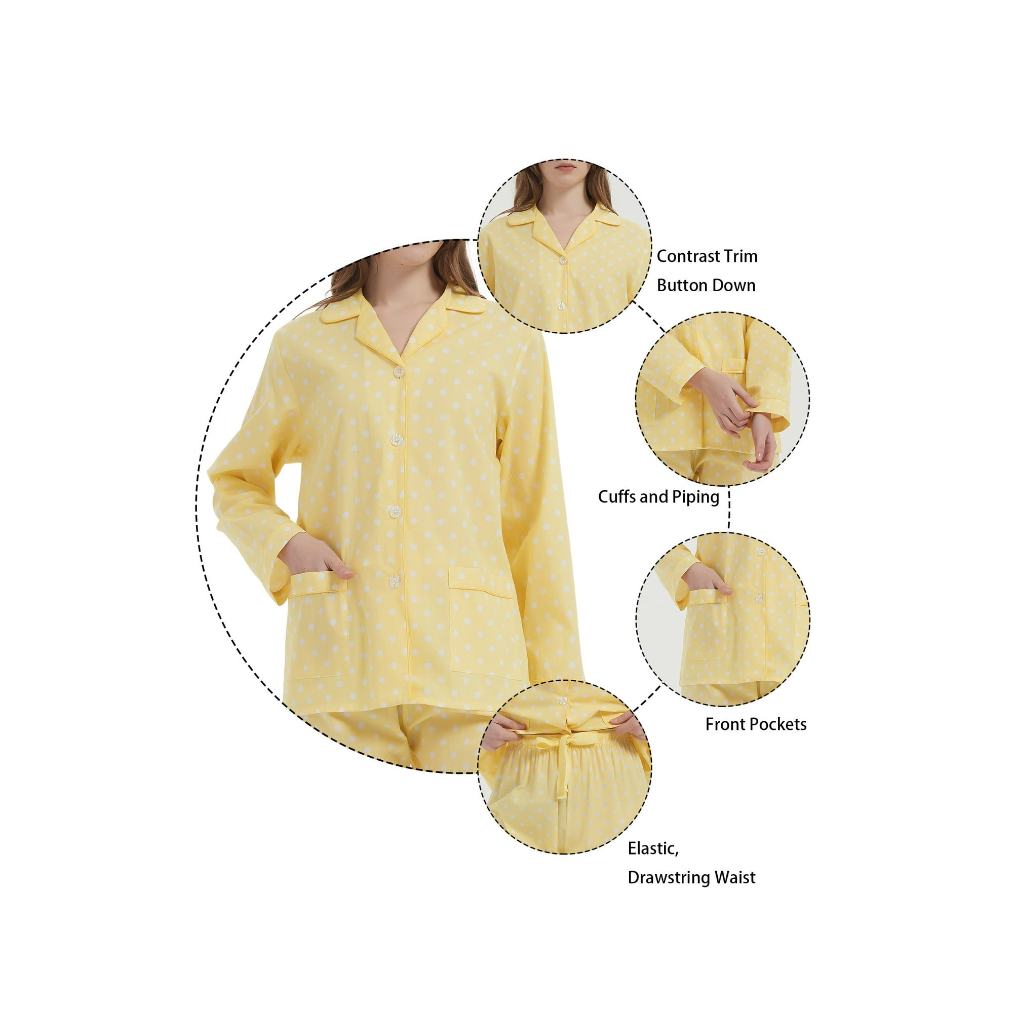 GLOBAL 100% Cotton Pajamas for Women Notch Collar Pjs Cozy Button Down Homewear with Pockets, Spring & Summer, 2-Piece, Sizes S to 3X