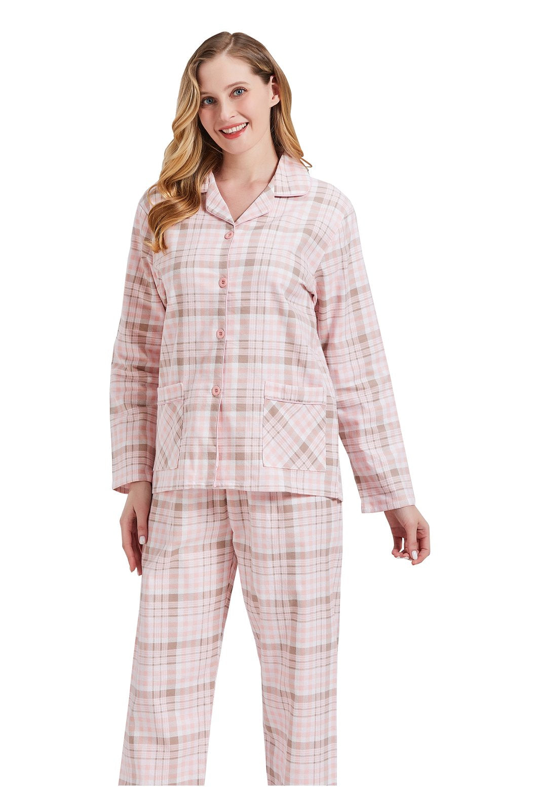 Amaxer Womens 100% Cotton Cozy Flannel Pajama Set - Long Sleeve Button-Up Top with Elastic Waist Pants, Warm & Soft Sleepwear