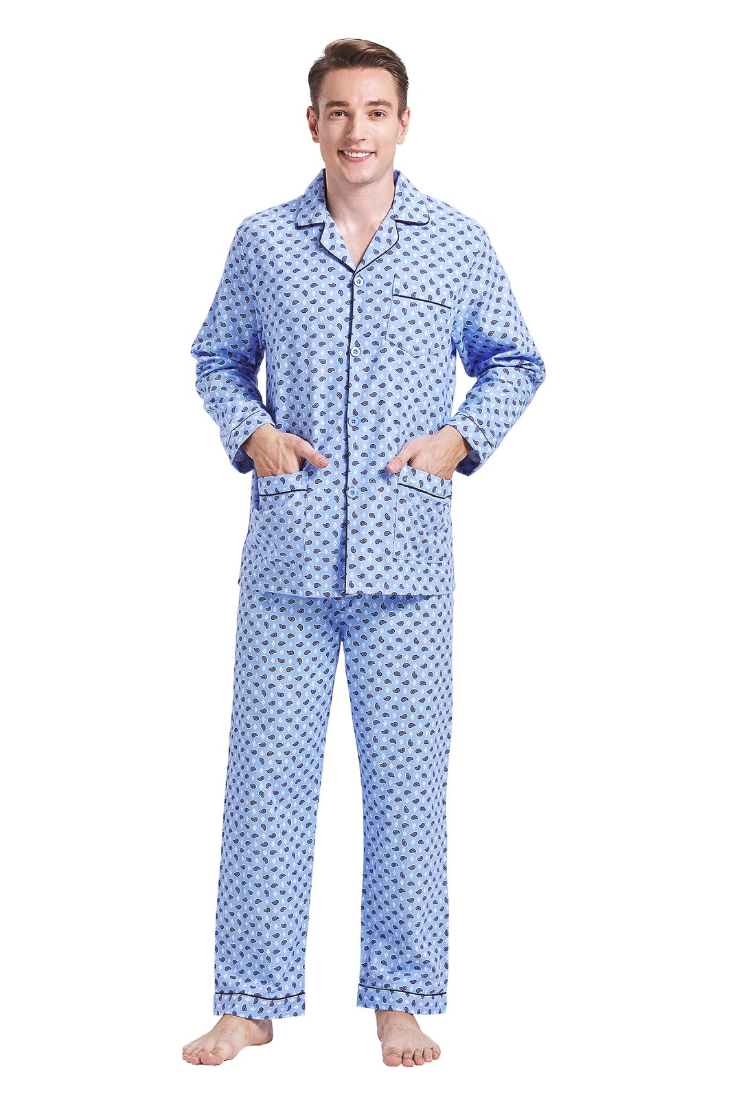 Amaxer Mens Cotton Flannel Pajama Set, Long Sleeve Button‑Down Top & Elastic Waist Long Pants, Breathable Sleep Loungewear, Size S