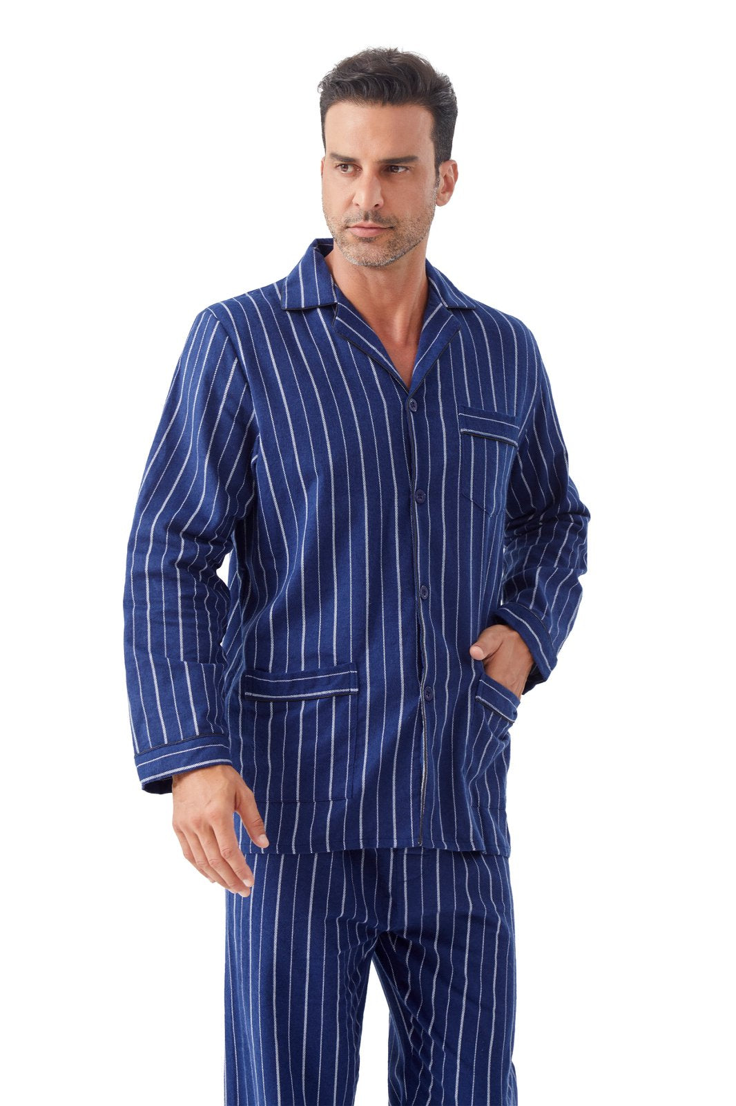 GLOBAL Men's Cotton Flannel Pajama Set, Long Sleeve Button‑Down Top & Long Pants Sleepwear, Soft Warm Loungewear, S-3XL