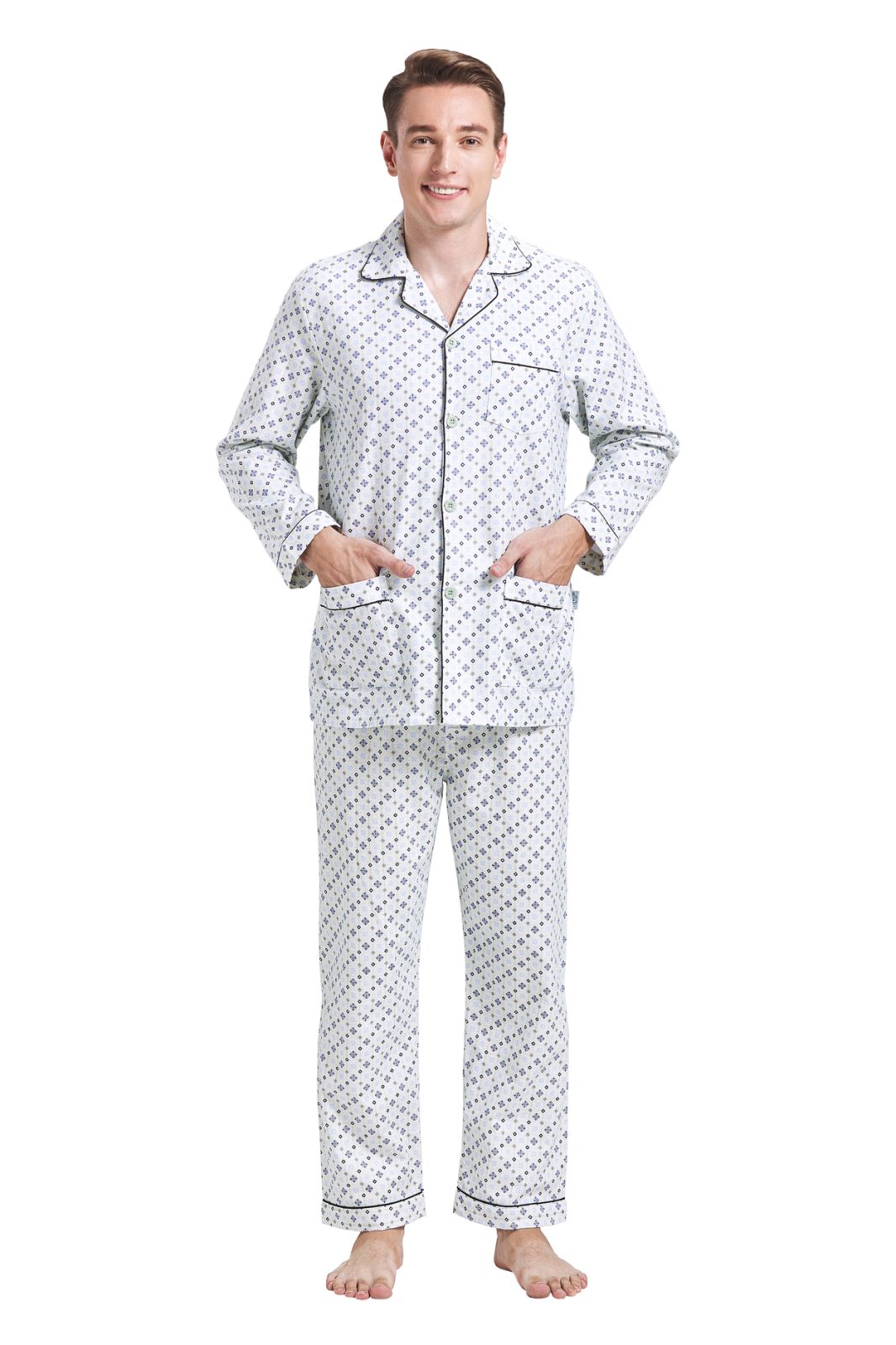 GLOBAL Men's Cotton Flannel Pajama Set, Long Sleeve Button‑Down Top & Long Pants Sleepwear, Soft Warm Loungewear, S-3XL