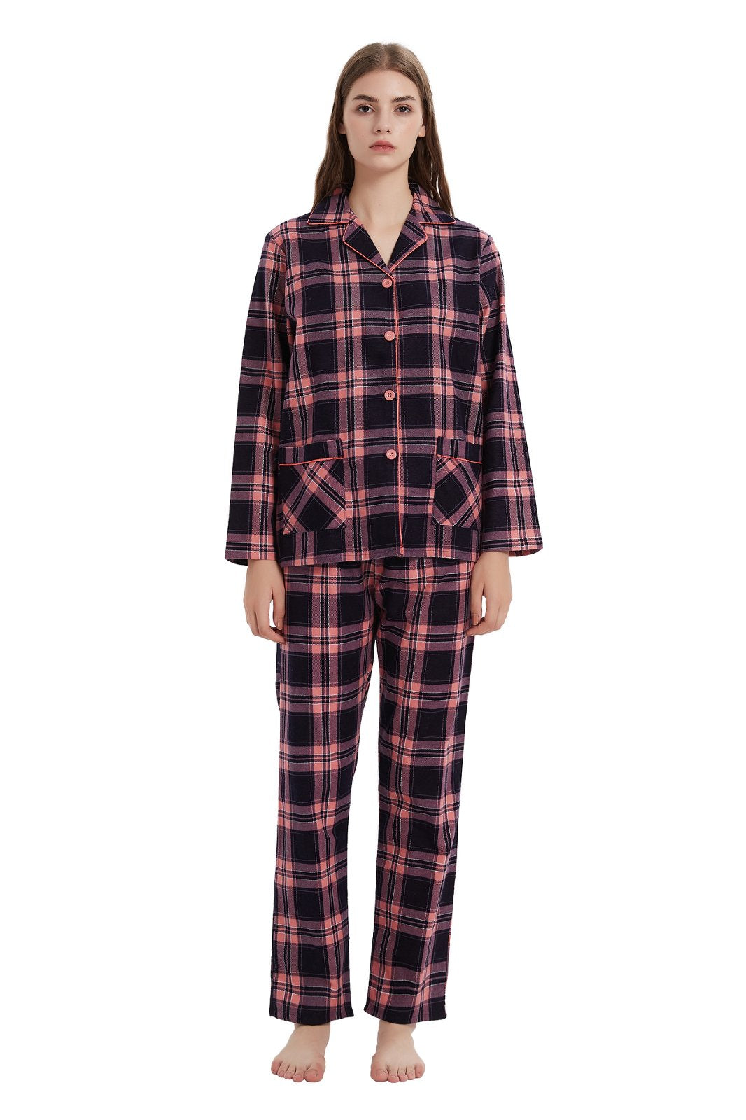 GLOBAL Womens Flannel Cotton Pajama Set Long PJs Flannel Loungewear Sleepwear