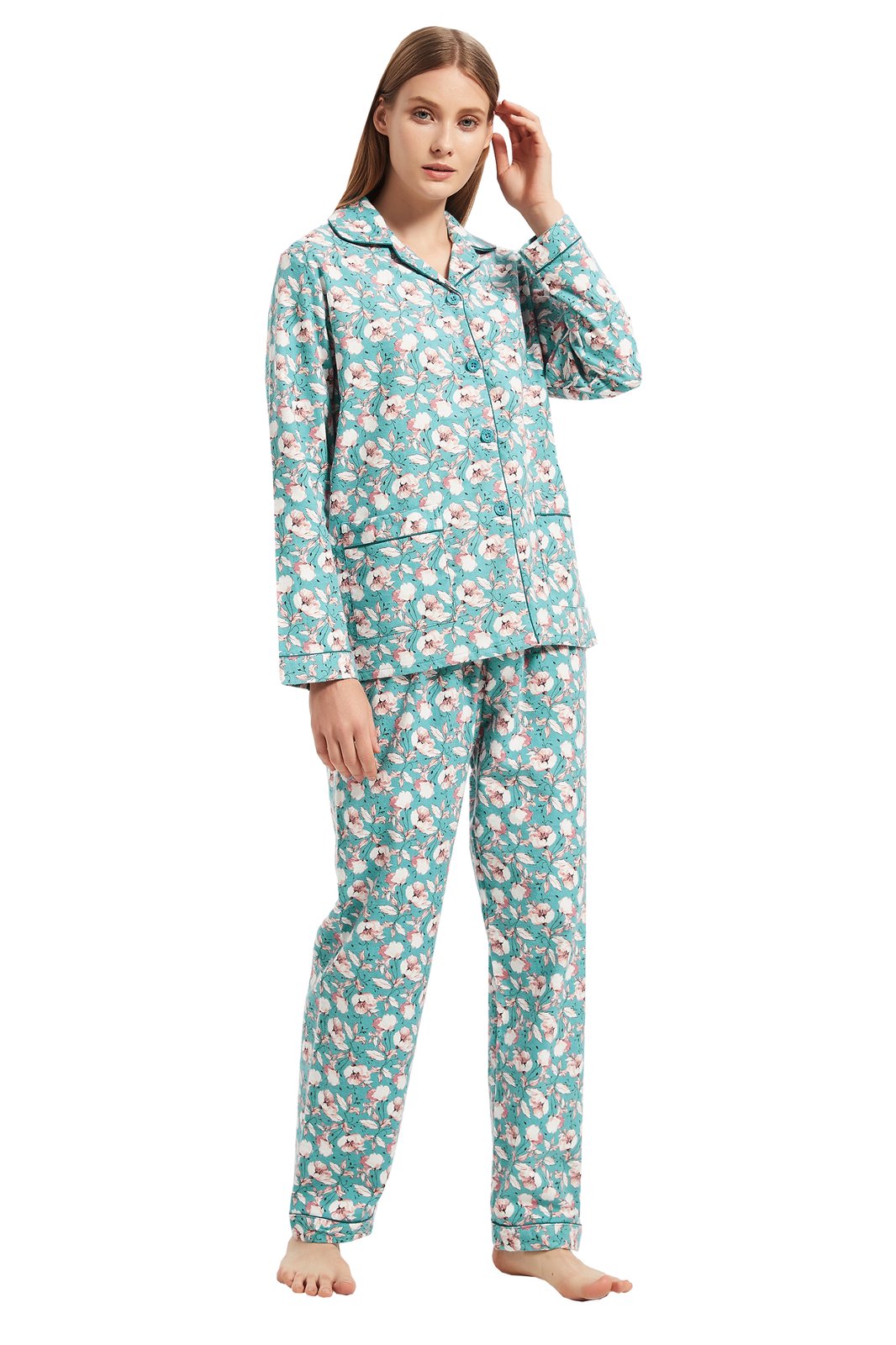 GLOBAL Womens Flannel Cotton Pajama Set Long PJs Flannel Loungewear Sleepwear