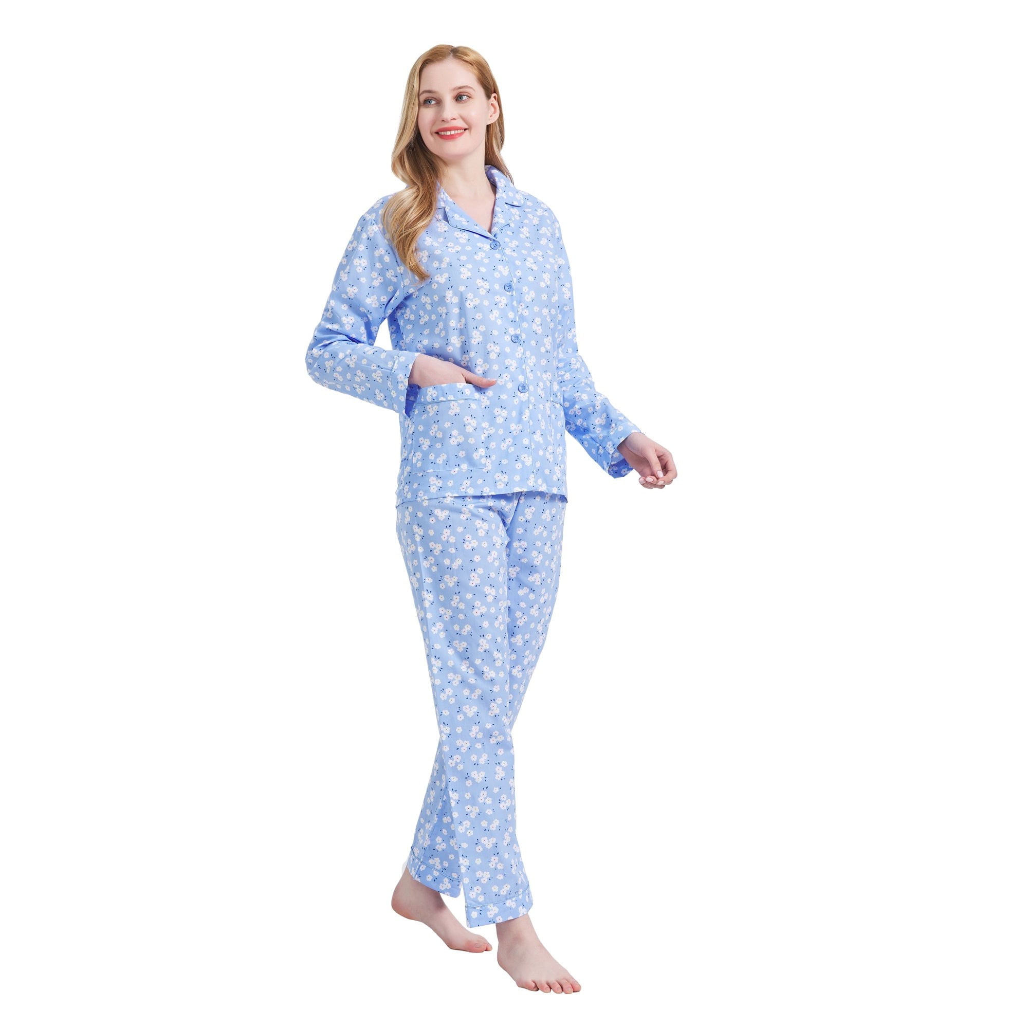 GLOBAL Womens 100% Cotton Notch Collar Pajama Set Homewear with Pockets, Spring & Summer, 2-Piece, Sizes S to 3X