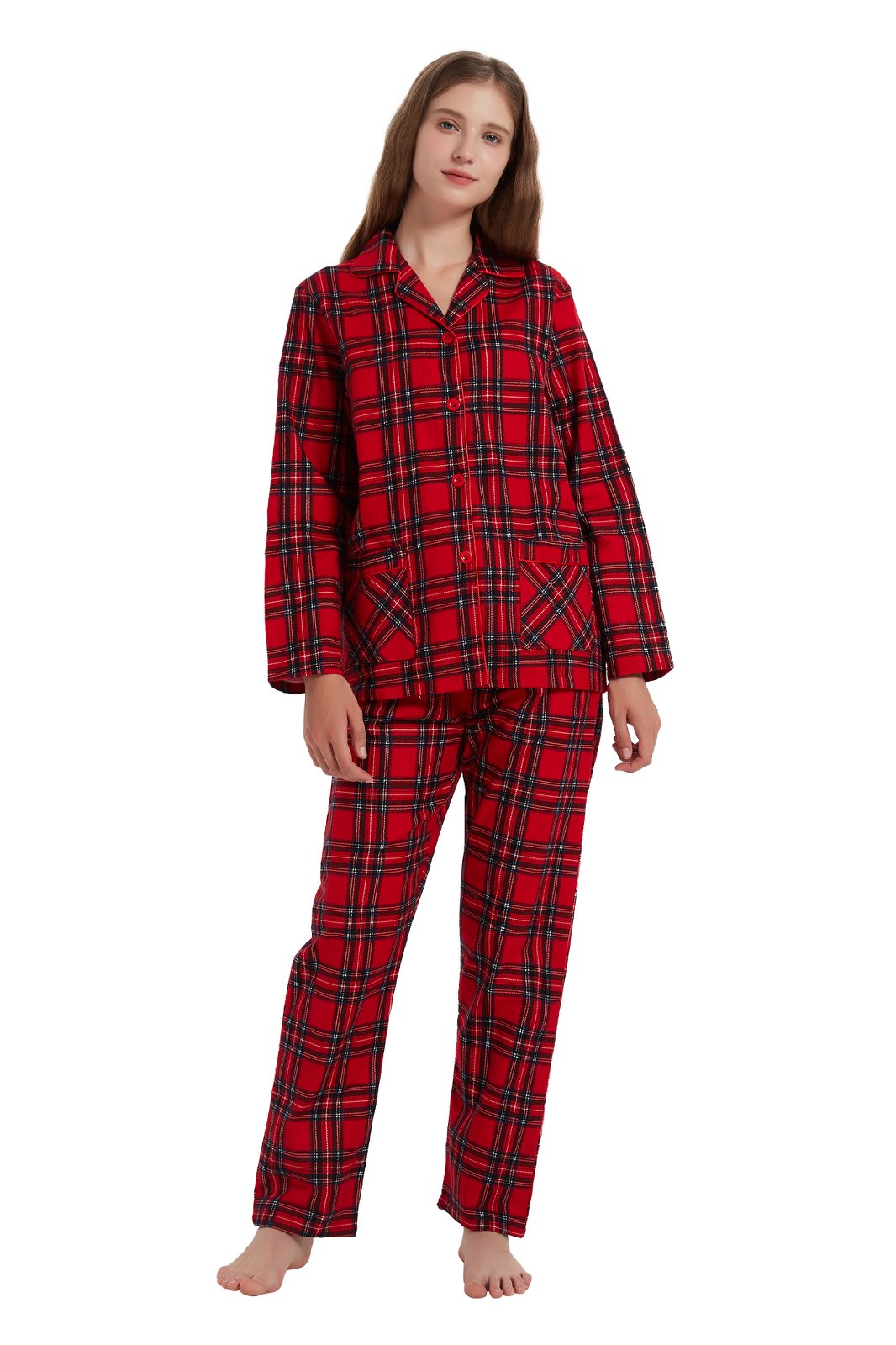 Amaxer Womens 100% Cotton Cozy Flannel Pajama Set - Long Sleeve Button-Up Top with Elastic Waist Pants, Warm & Soft Sleepwear