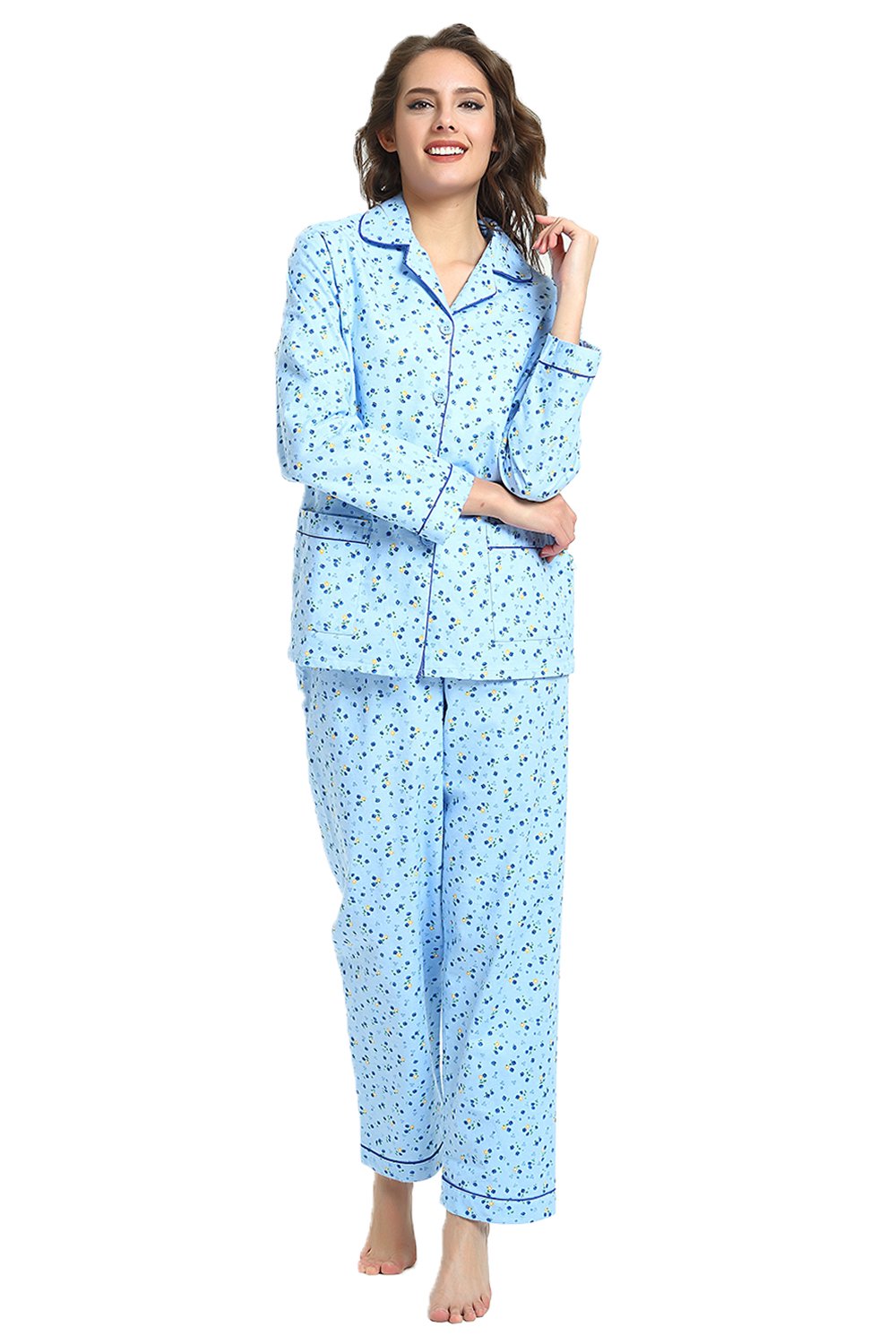 GLOBAL Women's 100% Cotton Flannel Pajama Set - Cozy Winter 2-Piece Loungewear with Button-Down Top & Pants