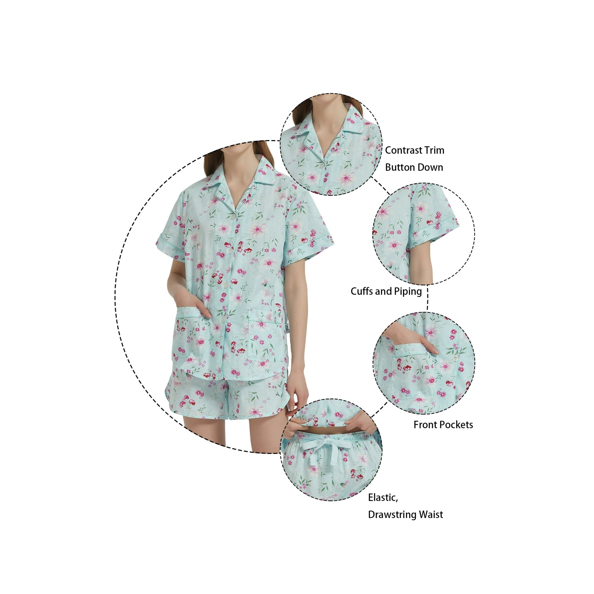 GLOBAL Womens Pajama Set Short Sleeve PJs for Women cotton Pajamas Summer Sleepwear, 2-Piece, Sizes S to 3X