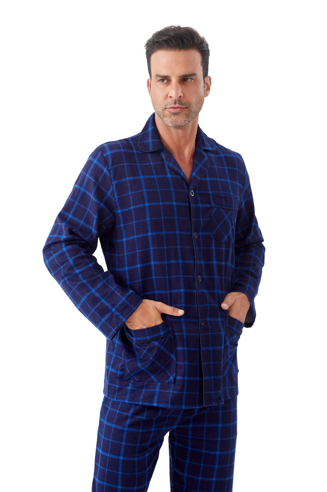 GLOBAL Men's Cotton Flannel Pajama Set, Long Sleeve Button‑Down Top & Long Pants Sleepwear, Soft Warm Loungewear, S-3XL