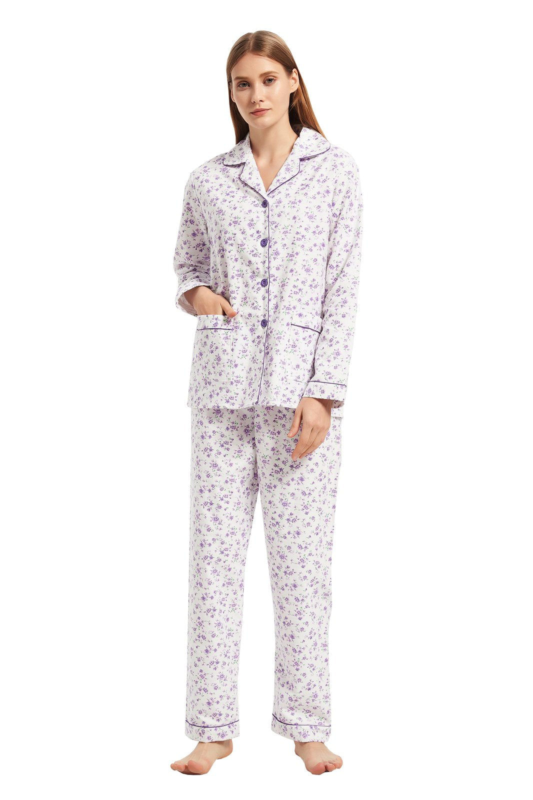 GLOBAL Womens Flannel Cotton Pajama Set Long PJs Cozy Winter Flannel Loungewear Sleepwear