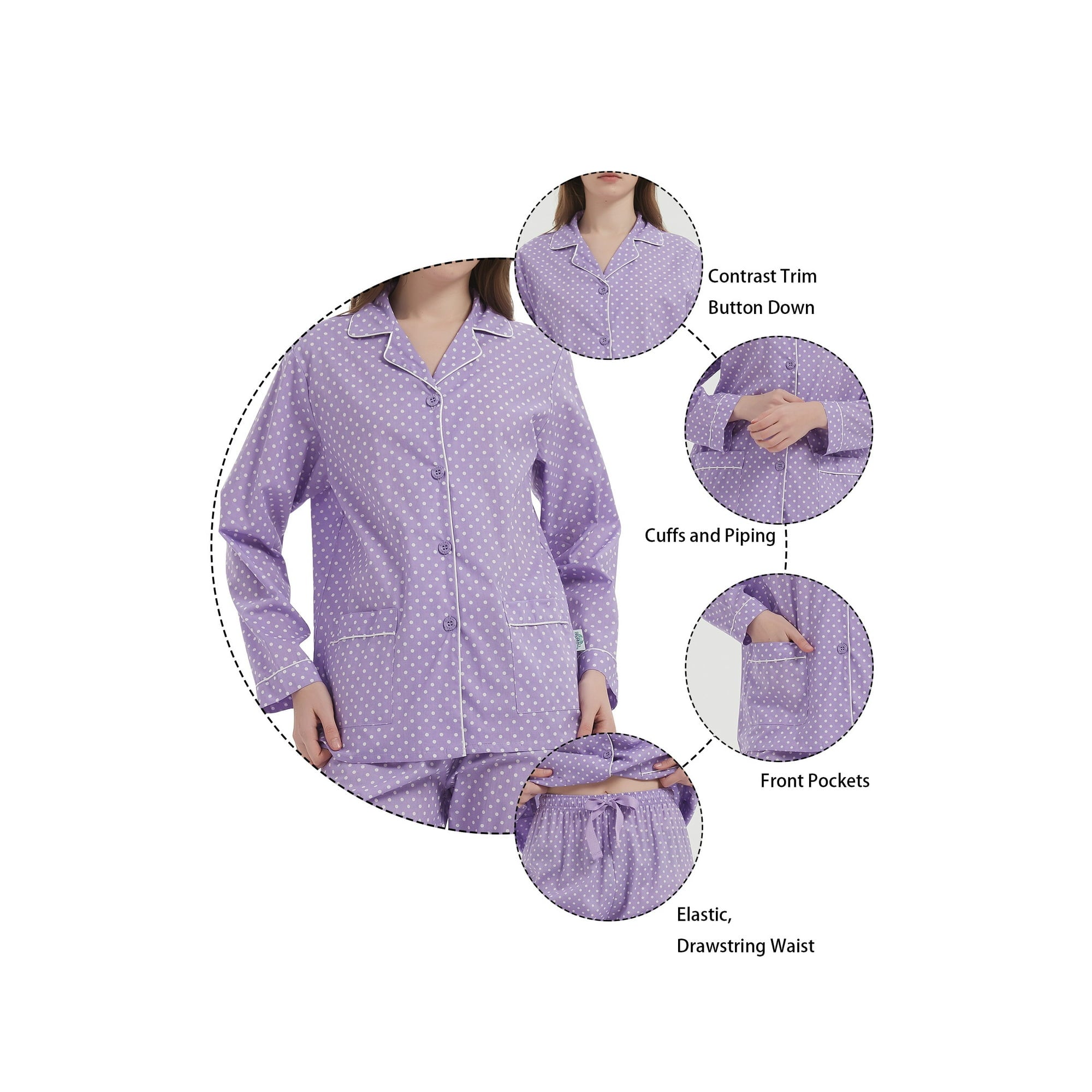 GLOBAL Womens 100% Cotton Notch Collar Pajama Set Homewear with Pockets, Spring & Summer, 2-Piece, Sizes S to 3X