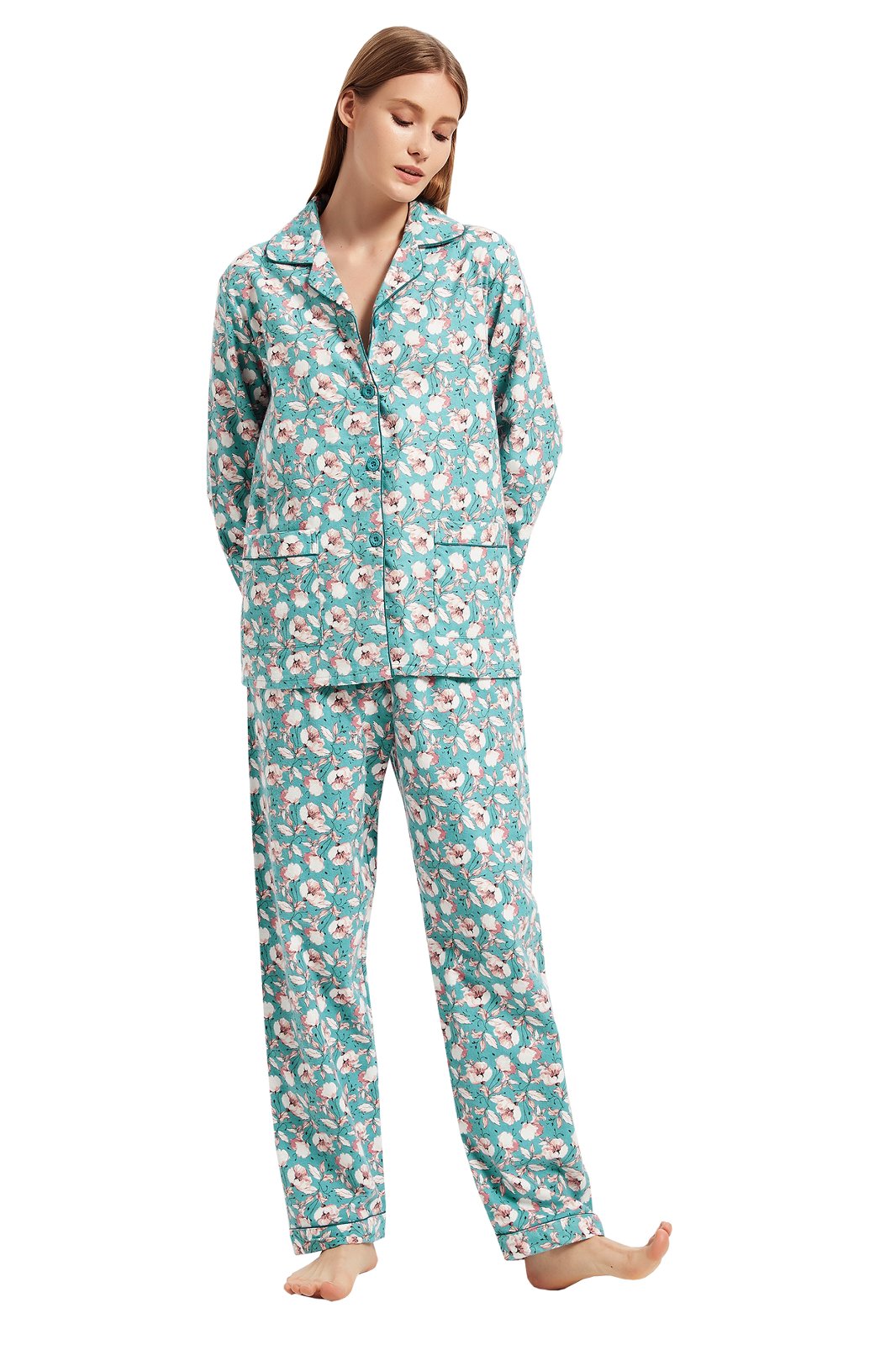 GLOBAL Womens Flannel Cotton Pajama Set Long PJs Flannel Loungewear Sleepwear