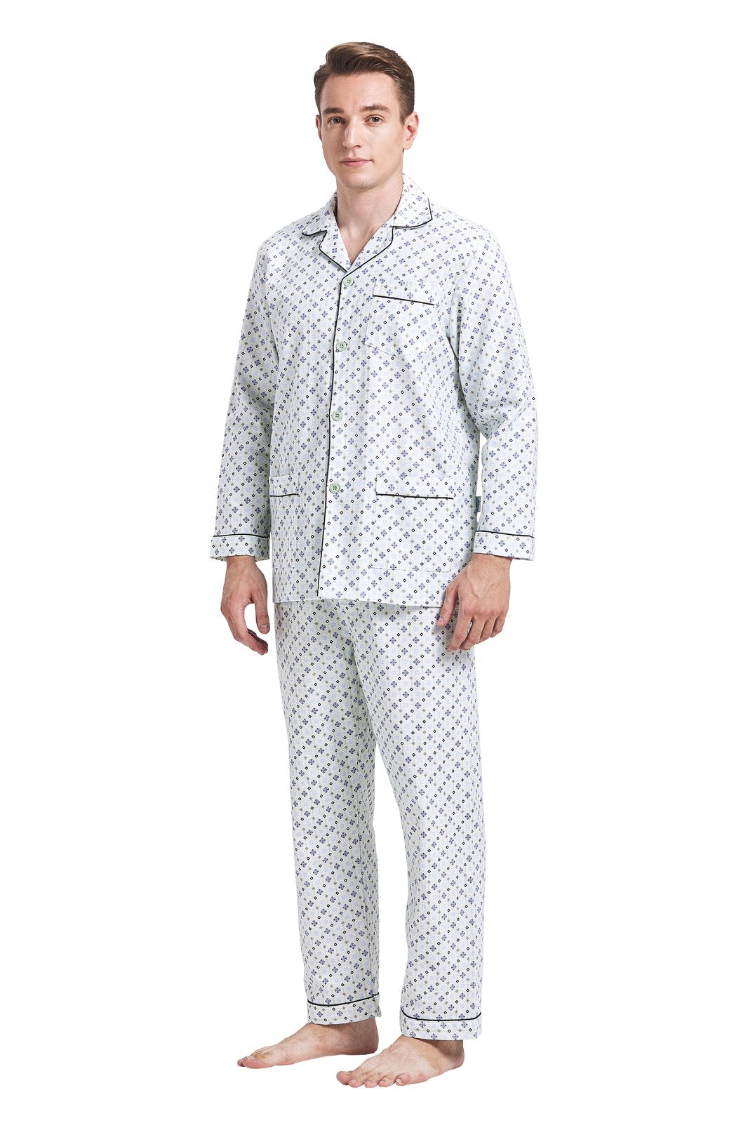GLOBAL Men's Cotton Flannel Pajama Set, Long Sleeve Button‑Down Top & Long Pants Sleepwear, Soft Warm Loungewear, S-3XL