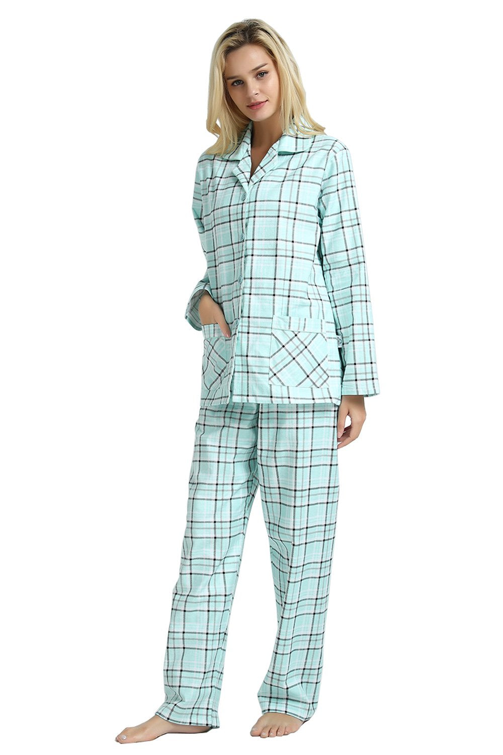 GLOBAL Women’s Flannel Pajama Set 100% Cotton Comfy PJs for Women Long Sleeve Button Front 2-Piece Warm and Cozy Sleepwear,Size S-3XL