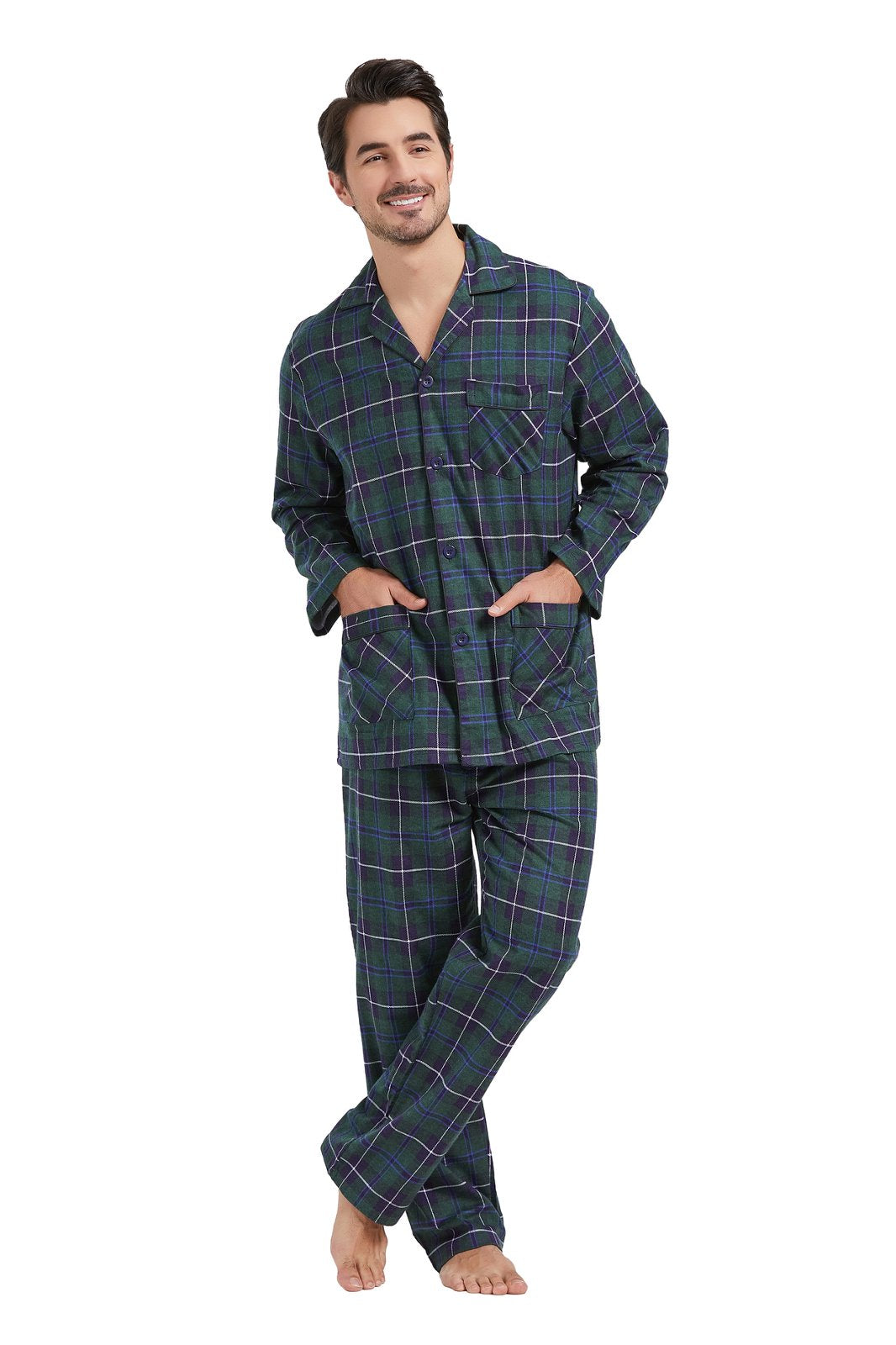 Amaxer Mens Cotton Flannel Pajama Set, Long Sleeve Button‑Down Top & Elastic Waist Long Pants, Breathable Sleep Loungewear, Size S