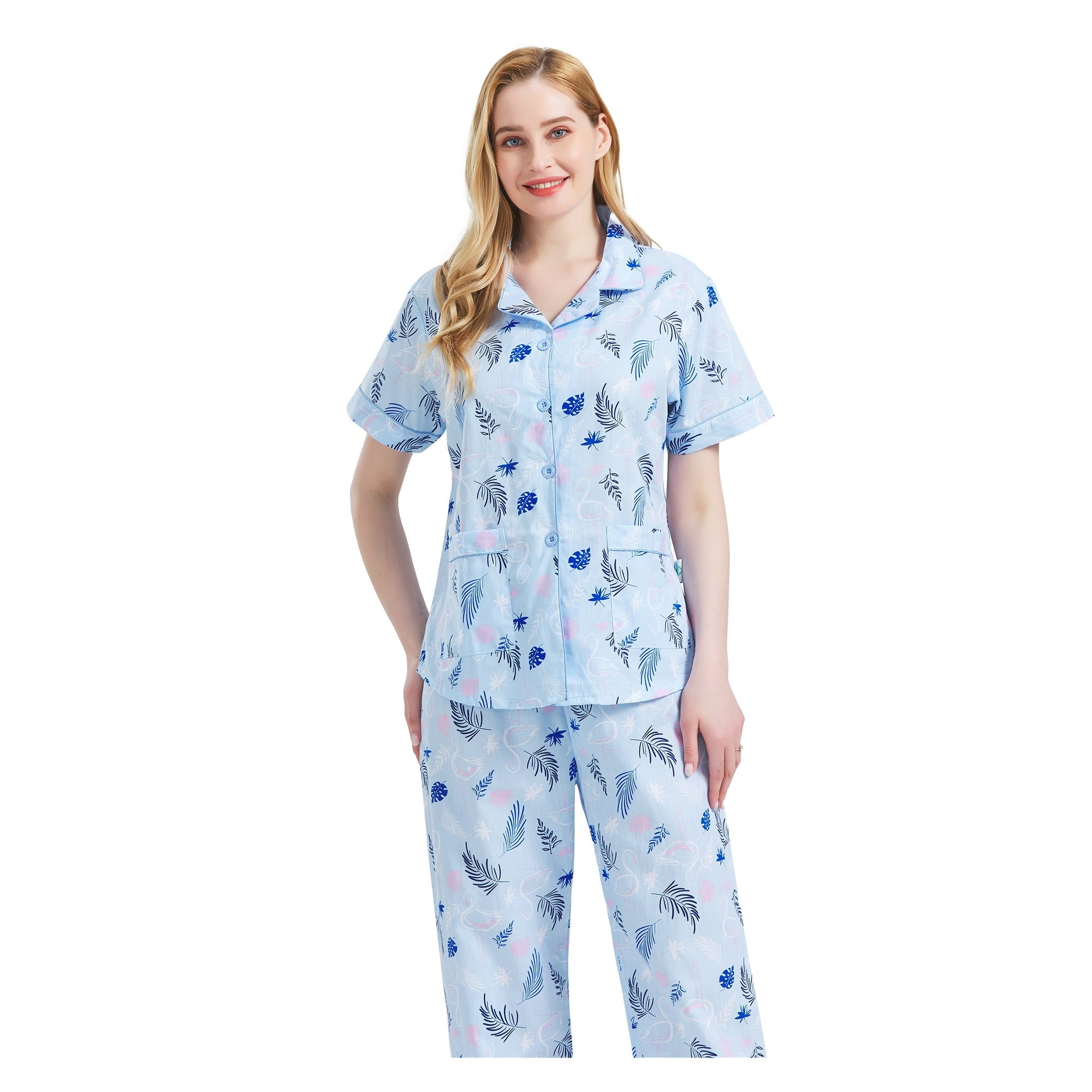 GLOBAL Women 100% Cotton Button Down Short Sleeve Top & Long Pants Summer Pajama Set with Pockets, 2-Piece, Sizes S to 3XL