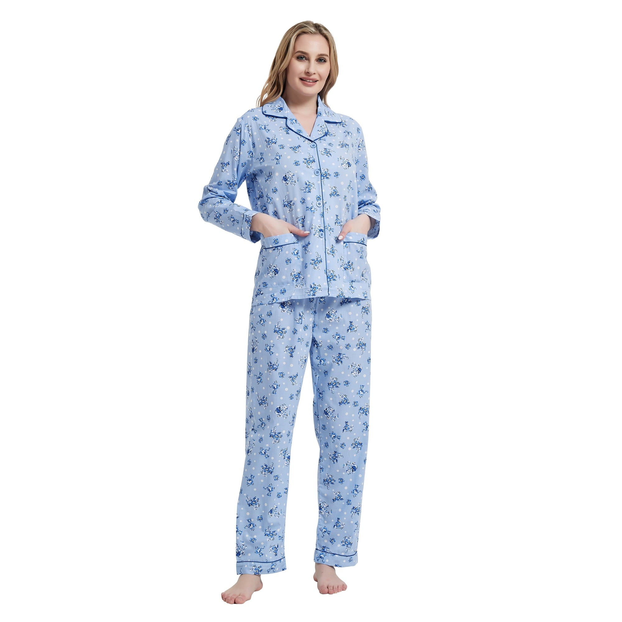 Amaxer Women's Pure Cotton Long Sleeve Notch Collar Pajama Set - Breathable Lightweight Sleepwear , Soft Loungewear for Spring and Summer & Comfort