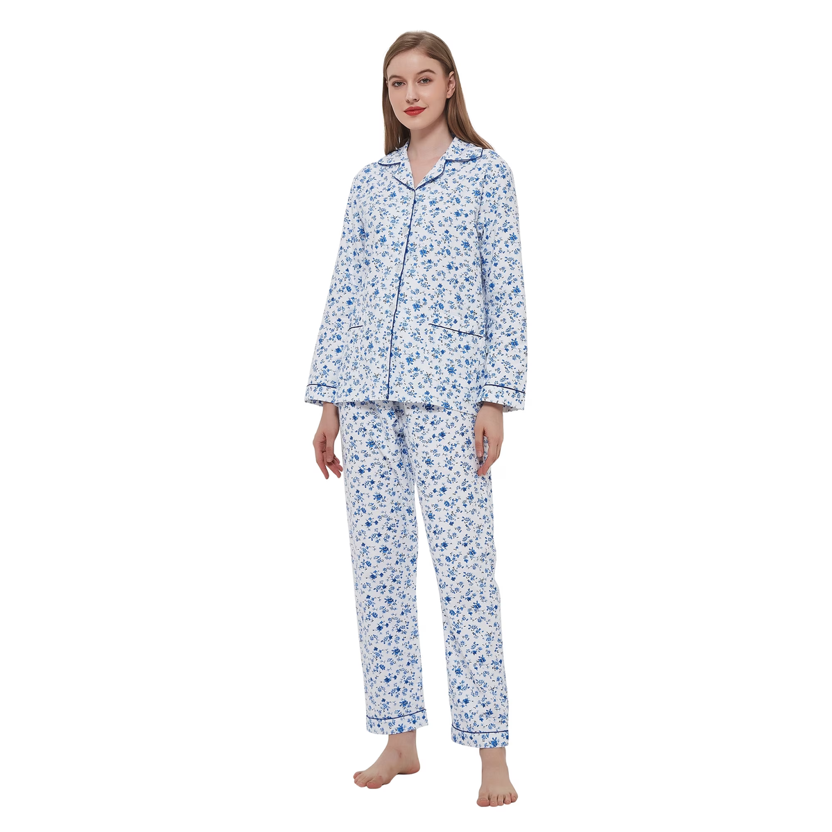 GLOBAL Womens Cotton Flannel Pajama Set - Cozy Winter 2-Piece Loungewear with Button-Down Top & Pants